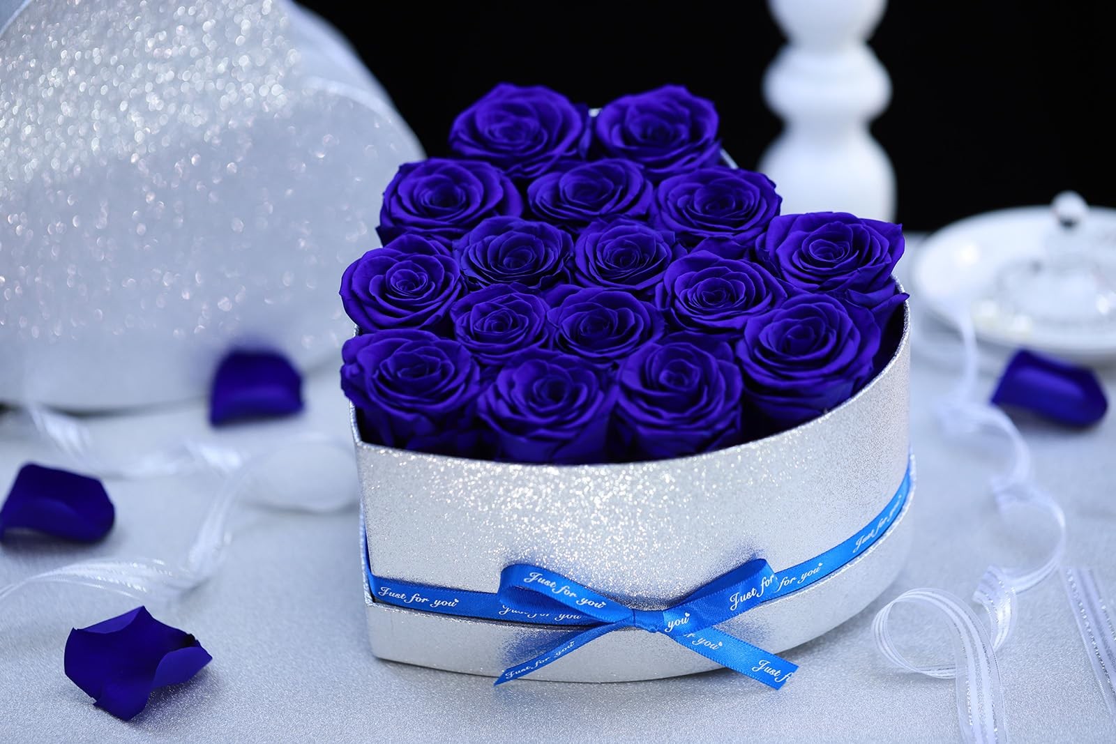 Blue 16 PCS Preserved Forever Roses Heart Shape Box Birthday Gift for Women