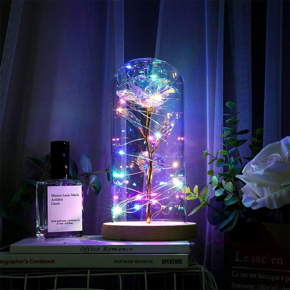 Forever Rose In Glass Eternal Flower LED Night Light Dome Valentine Wedding Gift