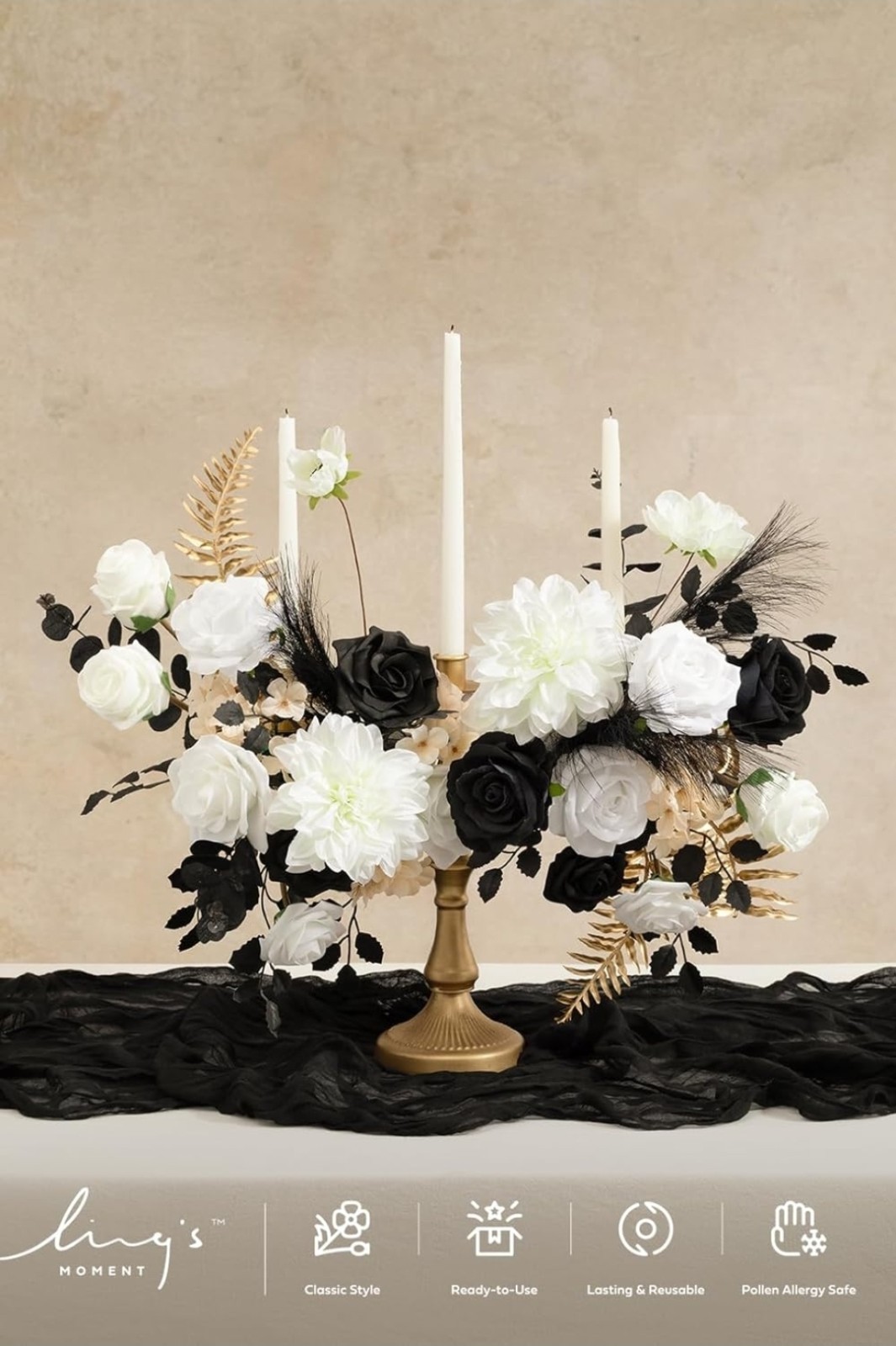 Ling’s Moment Fake Flowers Box, Stems Roses Hydrangea Eucalyptus, Black & Gold