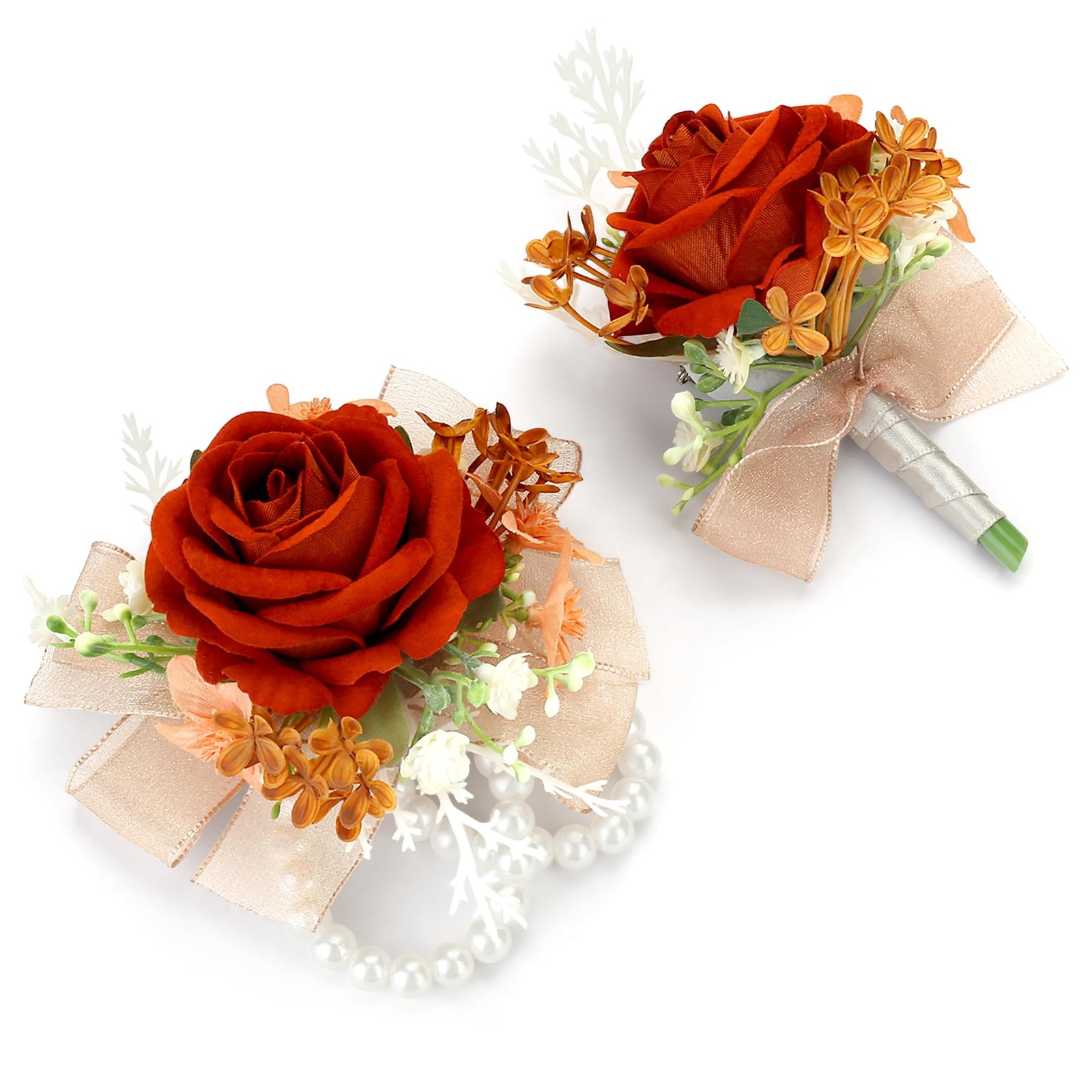 2pcs Orange Silk Artificial Flower Corsage Set, Wedding, Prom, Party Decor