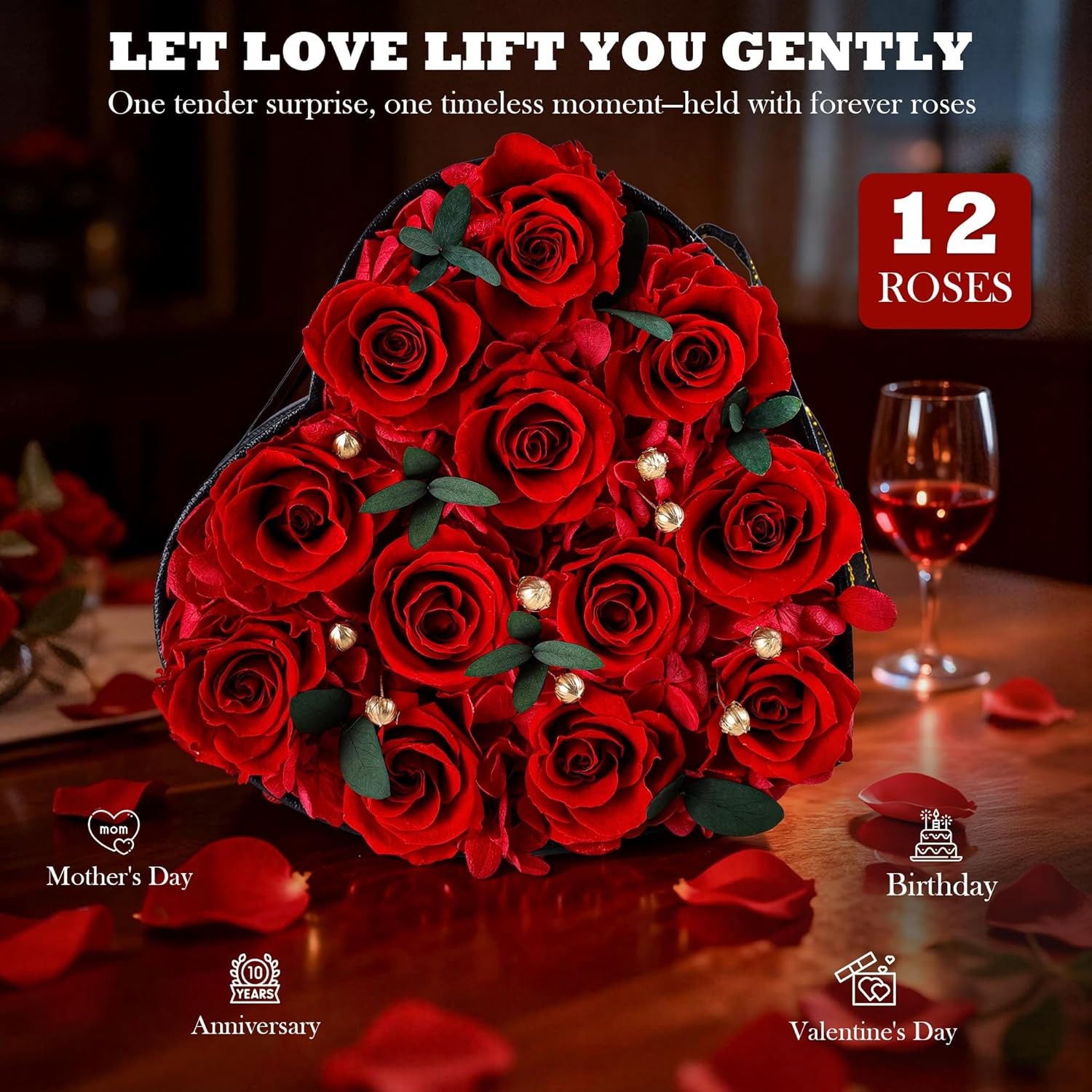 12 Pcs Preserved Roses in a Box Birthday Gifts for Women, Forever Red Roses