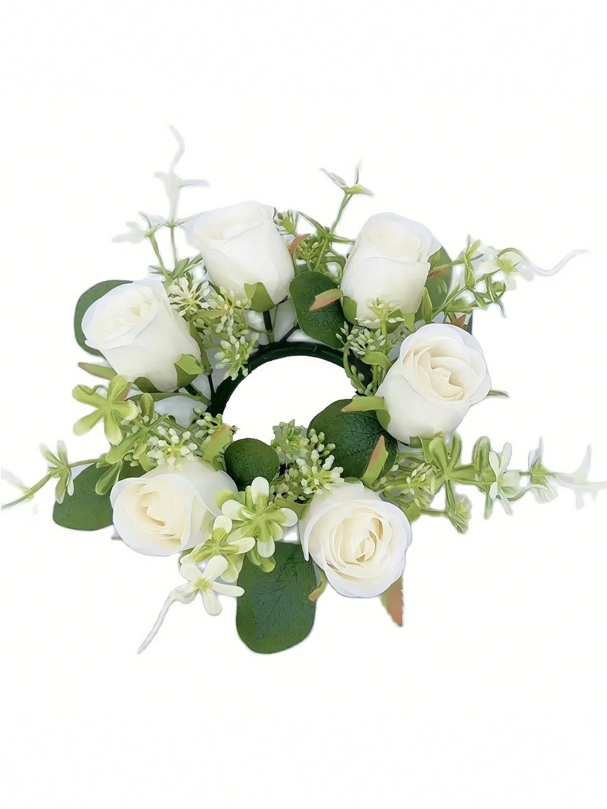 White Artificial Silk Rose Wreath Candle Ring For Table Centerpiece Wedding