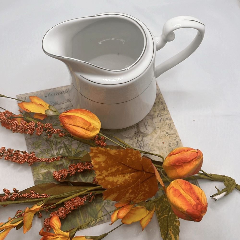 Farmhouse White Creamer Silver Horizontal Stripe Floral Accents Faux Flowers