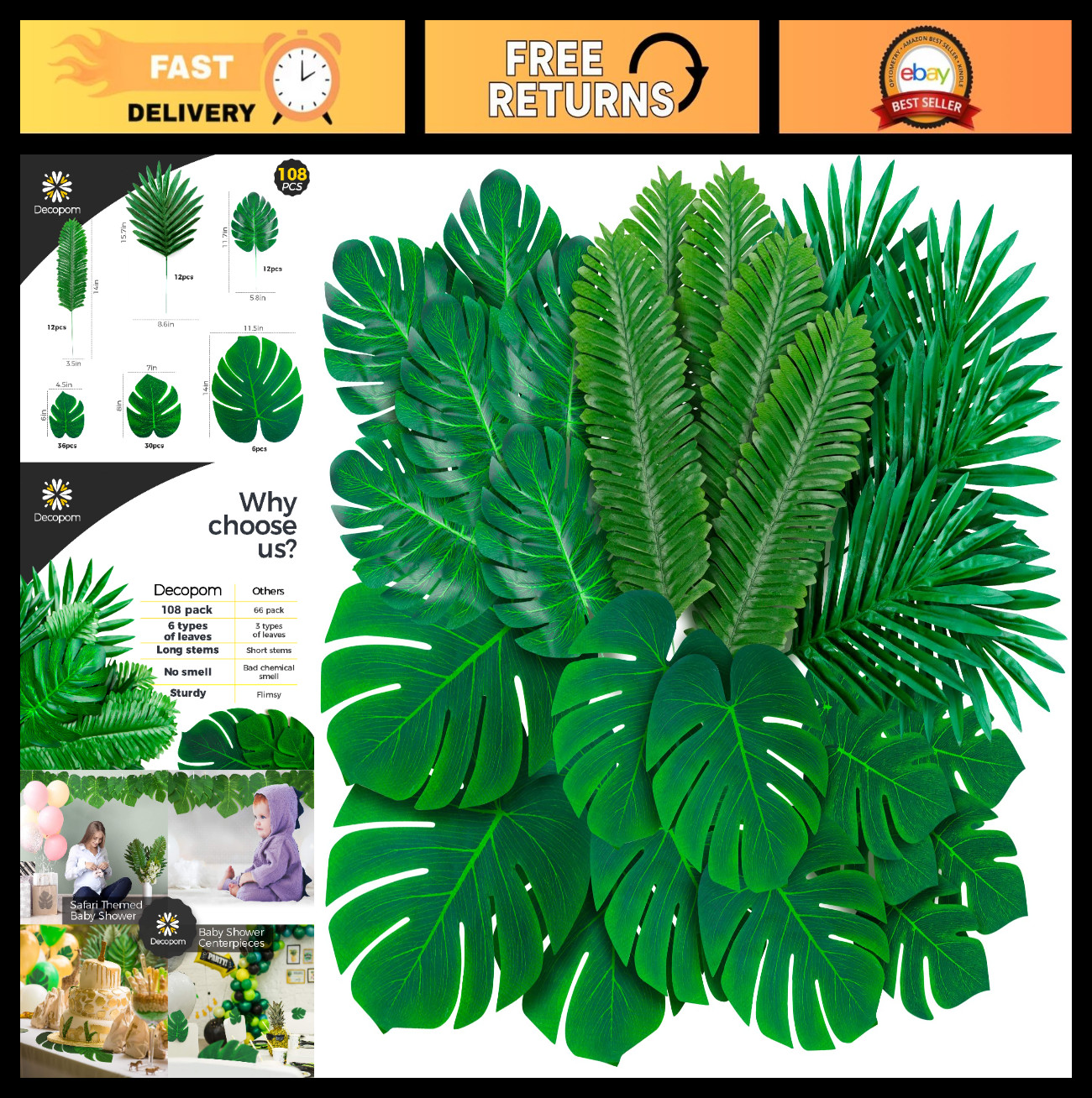 108 Pack Artificial Palm Leaves – Tropical Monstera Greenery for Luau, Jungle &
