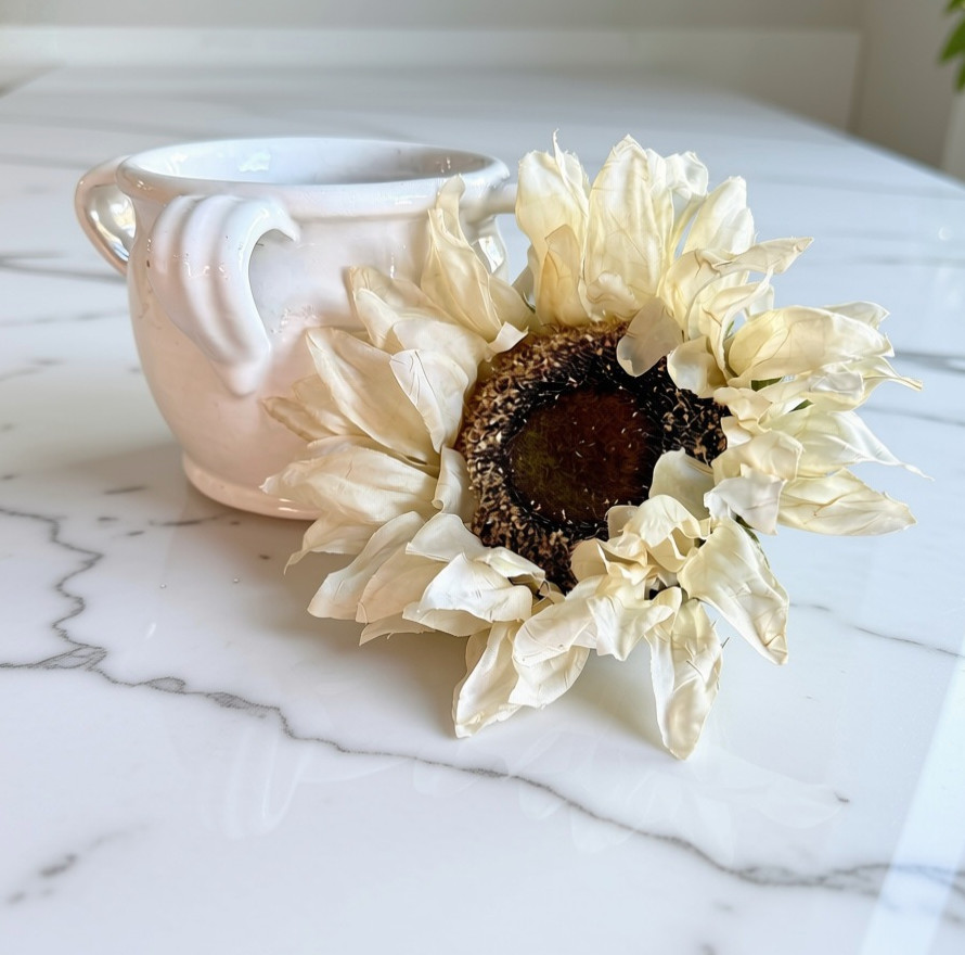 Set of 5 Cream Faux Sunflower Picks Soft Fabric Petals Wrapped Stems 9″ Tall