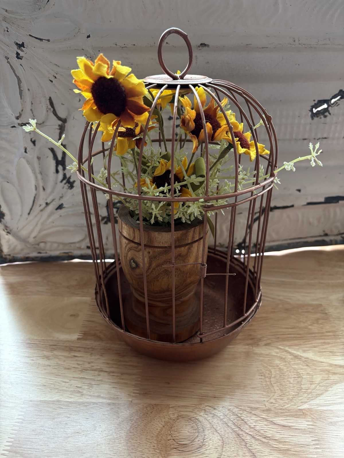 Decorative metal bird cage with wooden pedestal and faux florals #B5