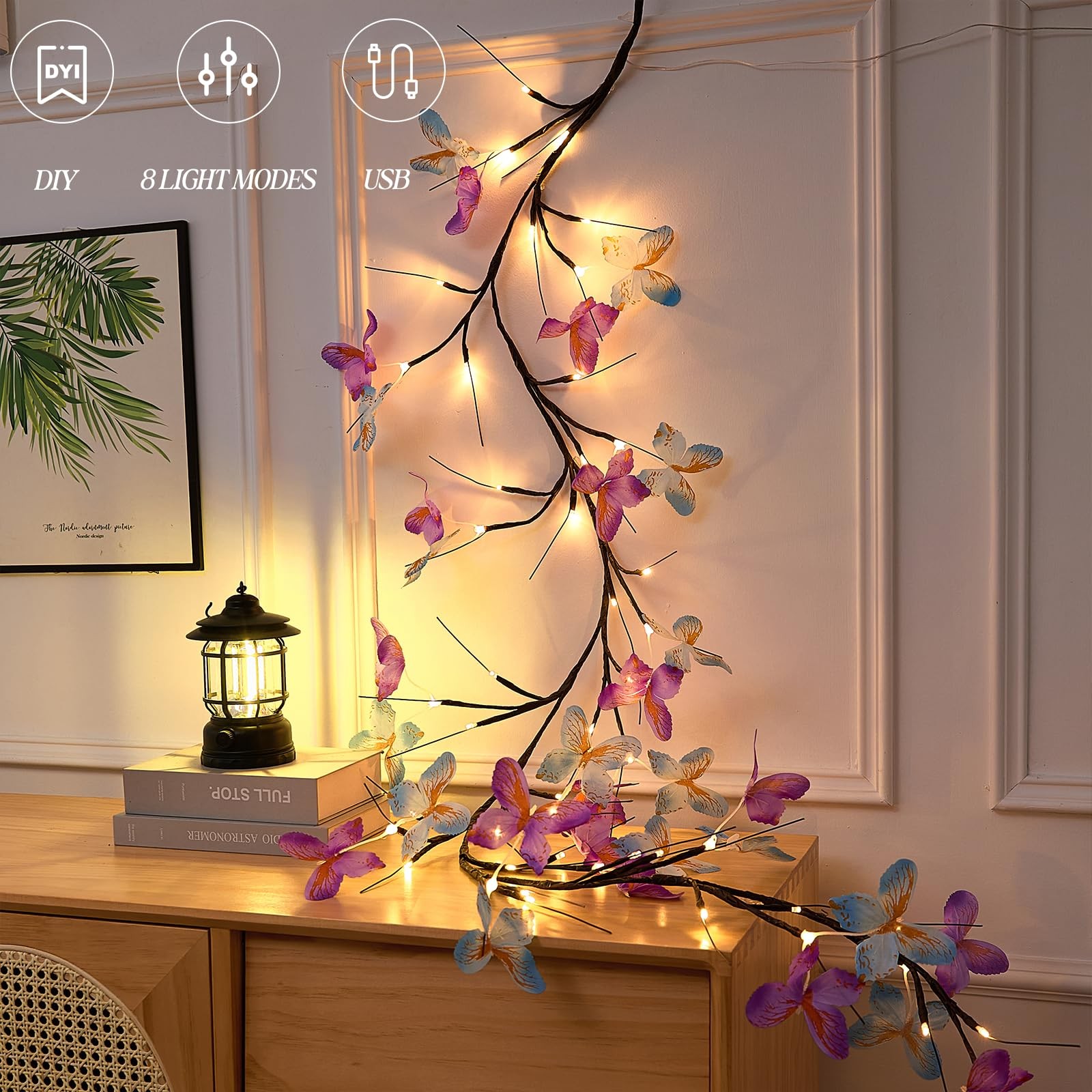 Willow Vine Wall Light 5.9ft Warm White LED with Butterfly