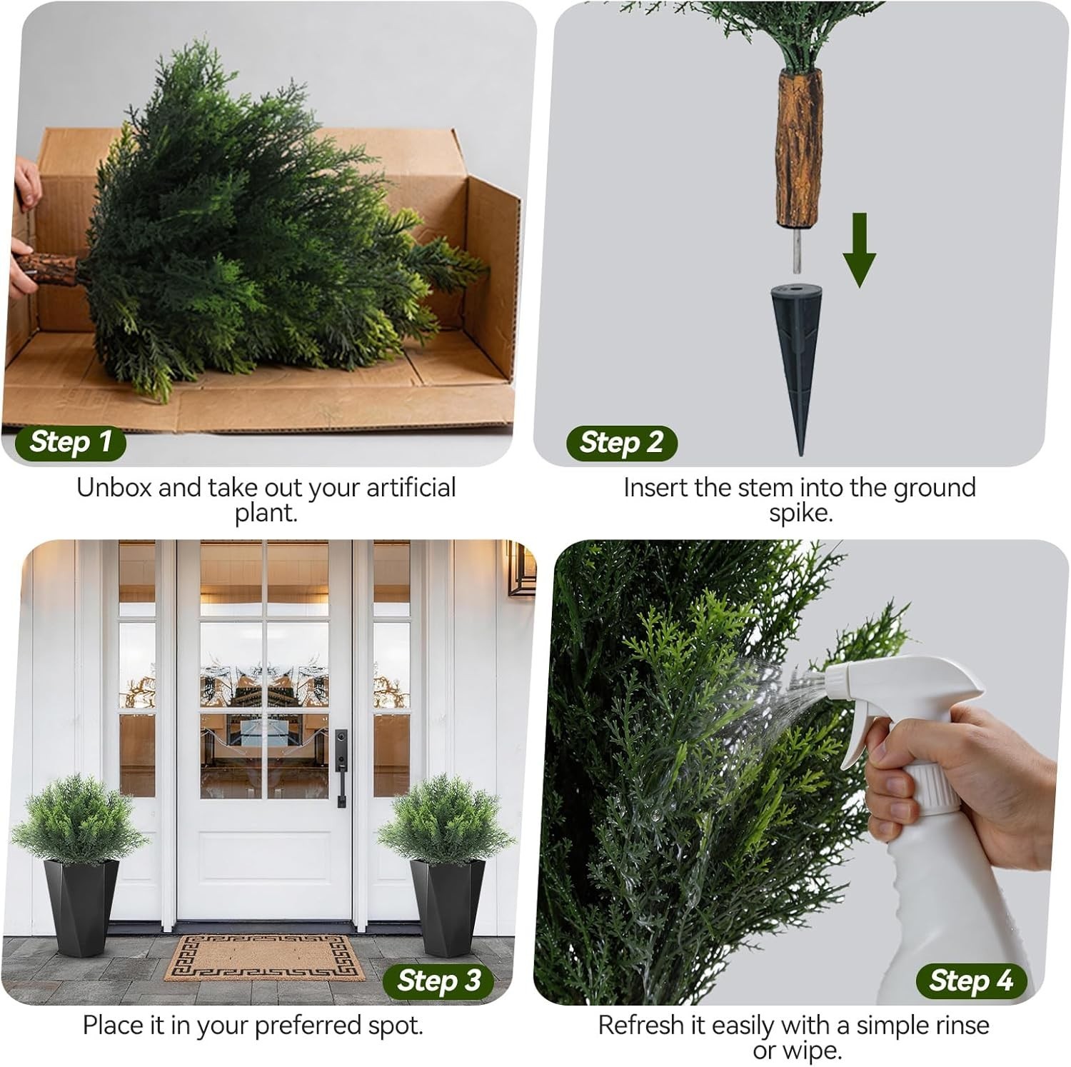 16″ Fake Bushes Outdoor, 2 Set of Cedar Shrubs Artificial Outdoor Plants with…