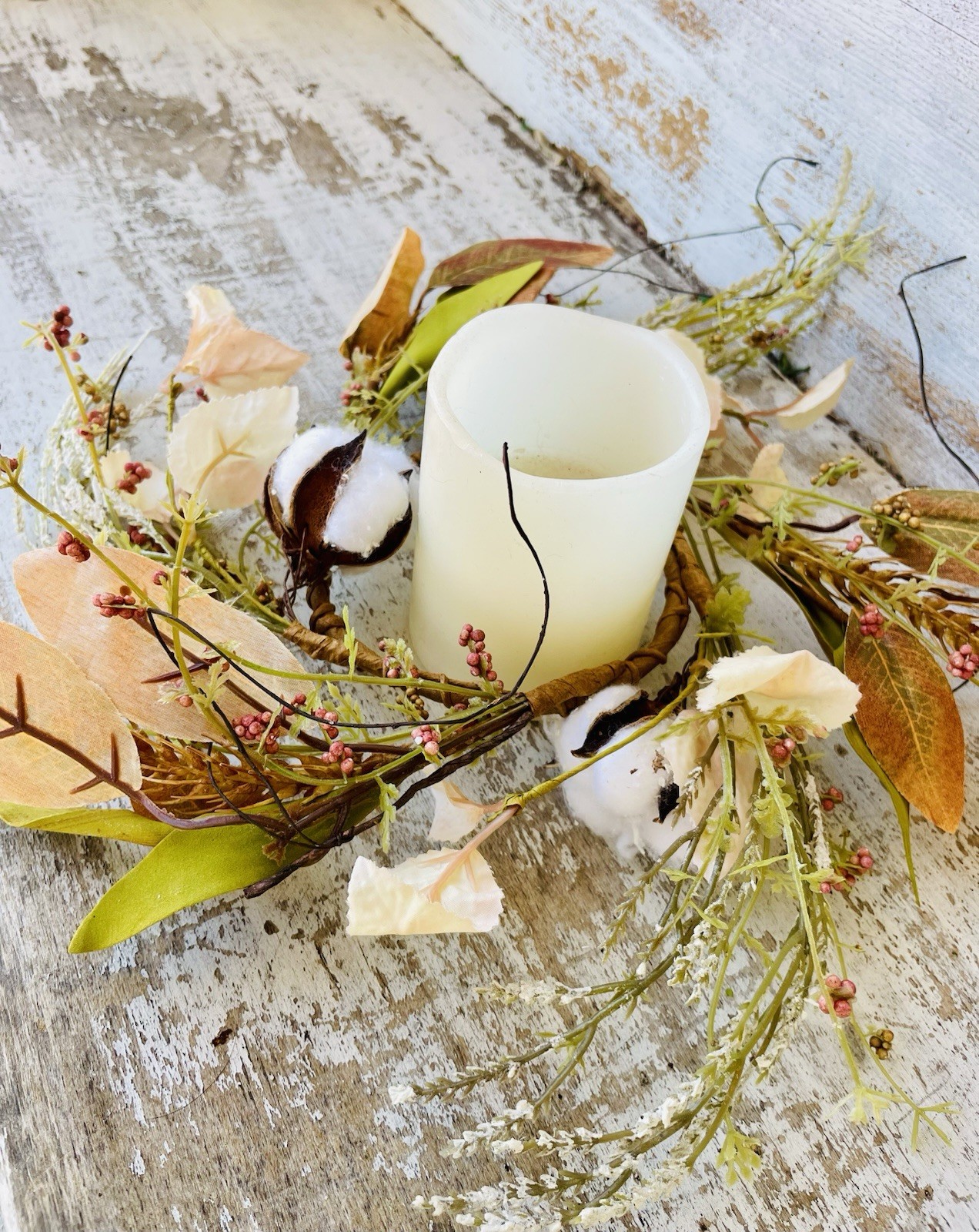 Cotton & Leaves Ring Fall Centerpiece Farmhouse Decor
