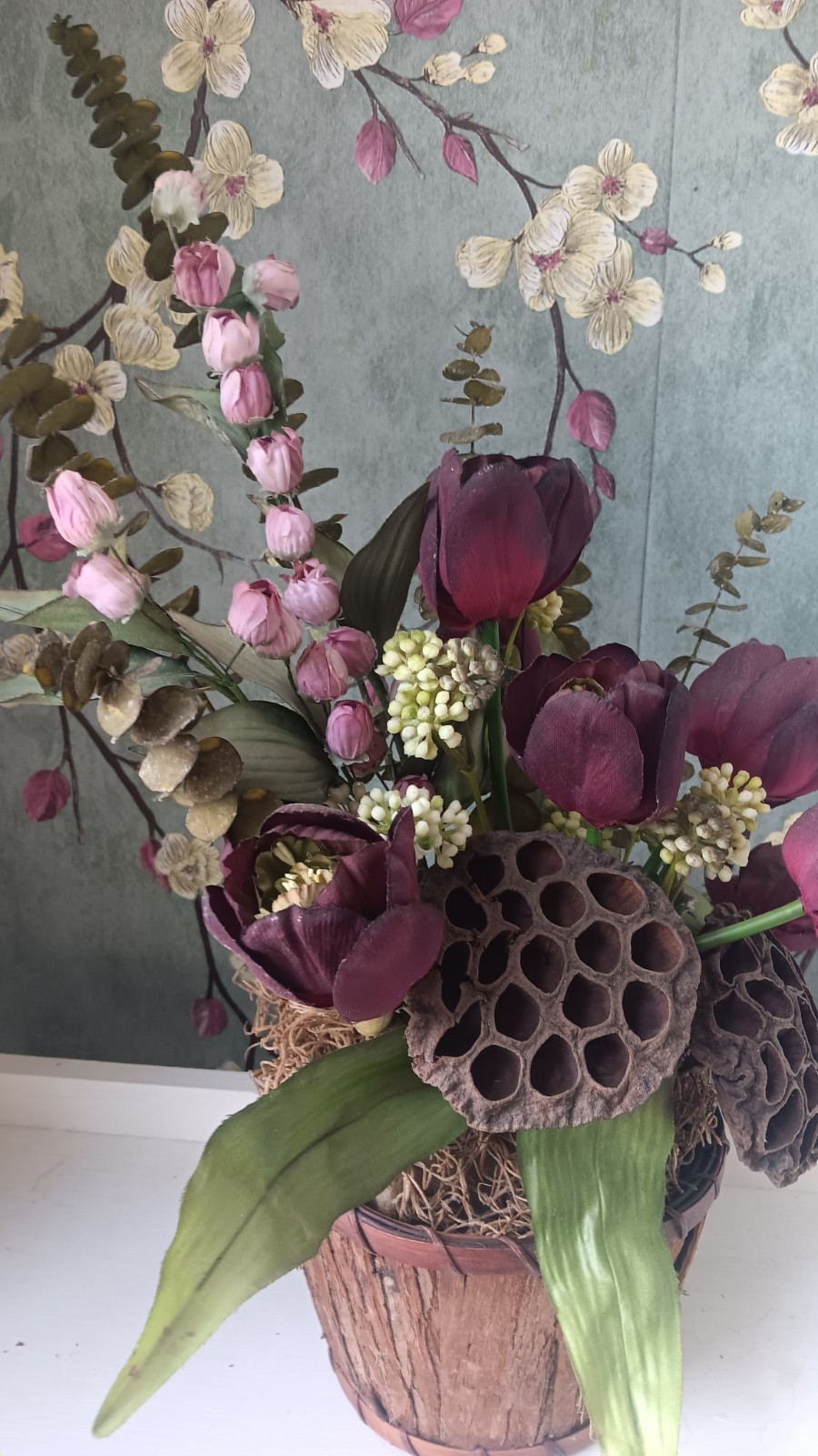 Artificial Purple Tulip & Lotus Pod Arrangement Centerpiece in Flower Pot