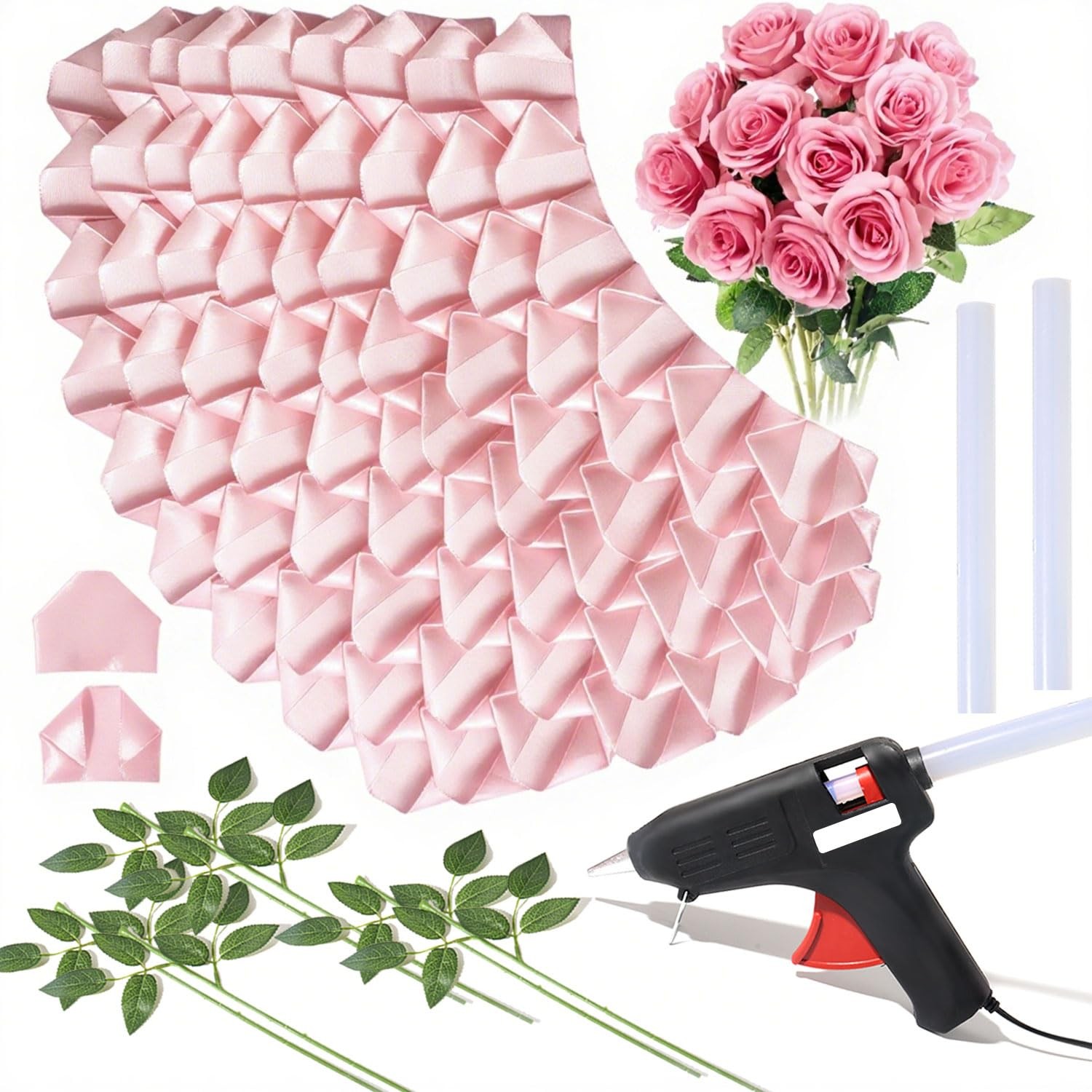 KAKABUBBLE 300PCS DIY Rose Petal Kit with Glue Gun, Sticks & Leafy Stems | Ha…