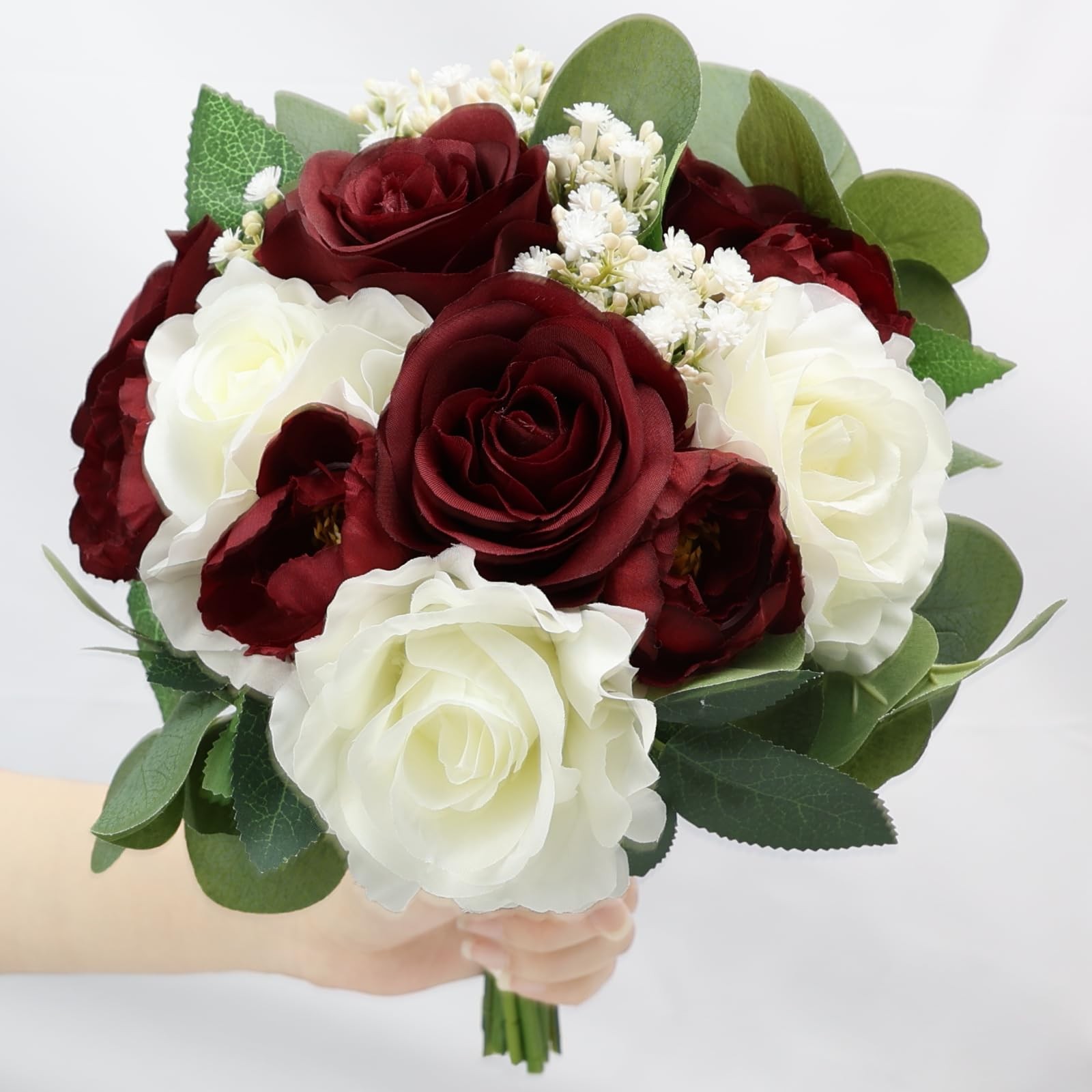 Burgundy White Silk Rose Peony Bridesmaid Bouquets Wedding Decor 11″ 2 PCS