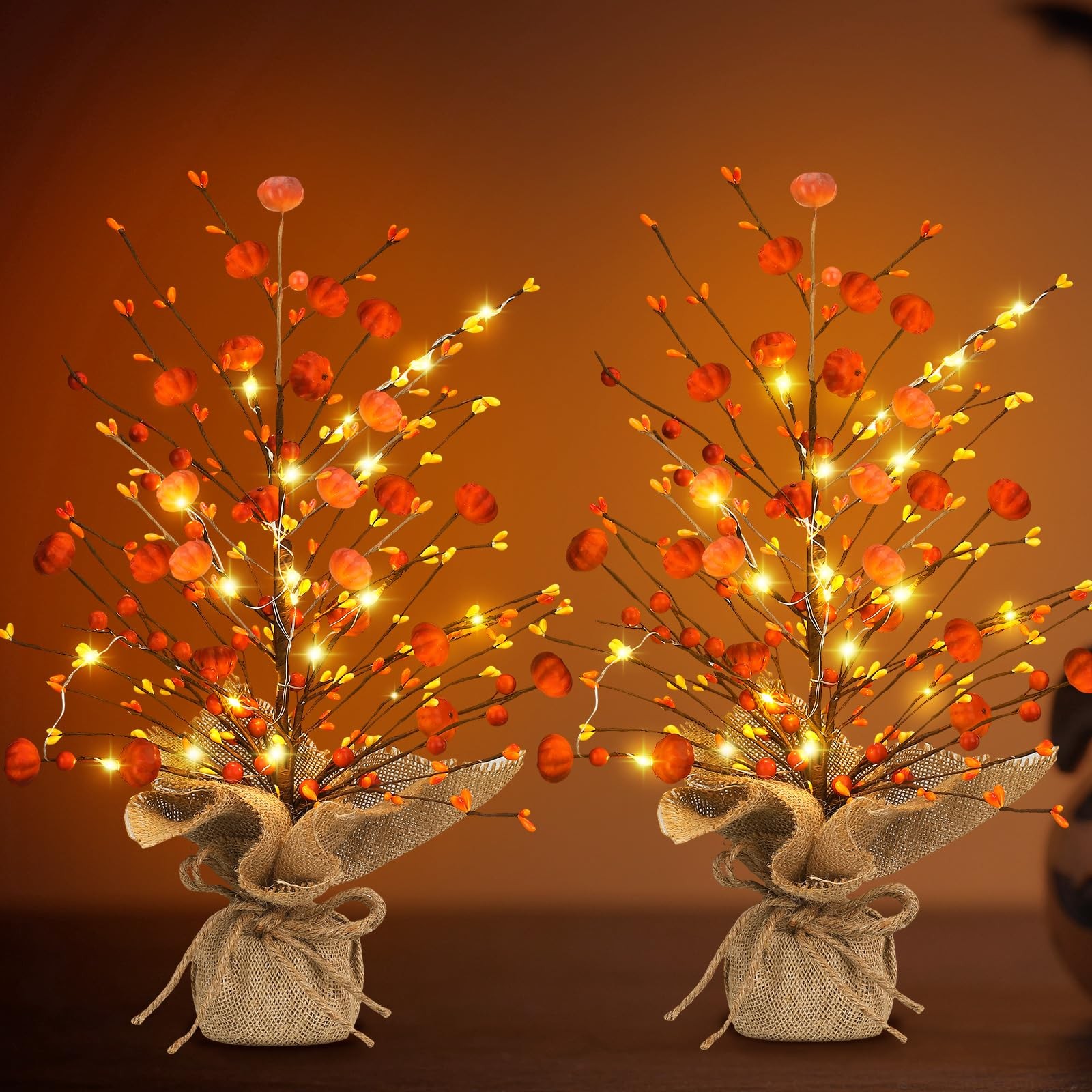 2 Pcs Thanksgiving Lighted Fall Tree Tabletop LED 18 Inch Pumpkin Decor