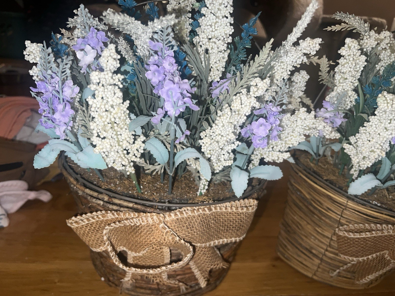 2 Farmhouse Artificial Lavender & Statice Flower Arrangement in Woven Baskets