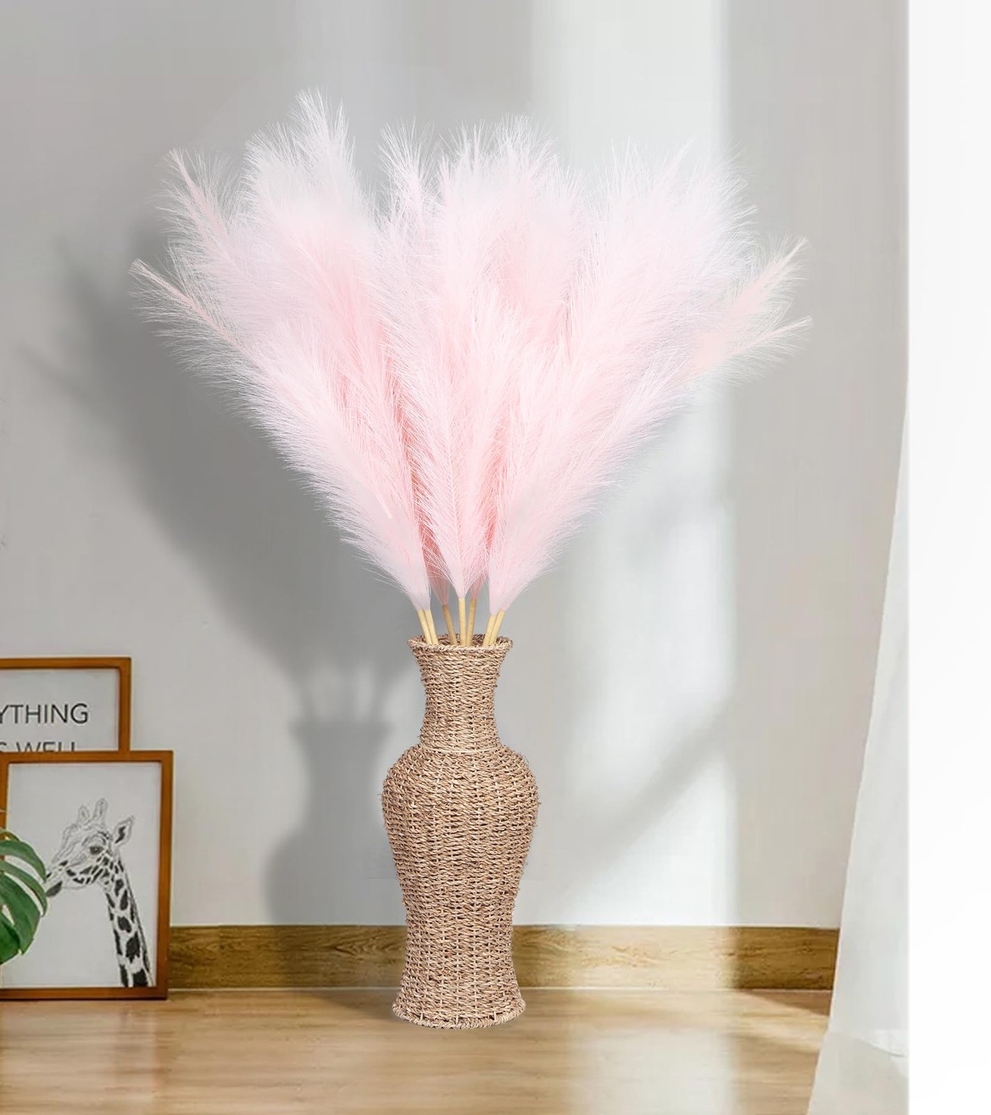 9 Pcs 45″ Tall Pampas Grass Pink Decor, Long Stem Artificial Flower Floor Vas…