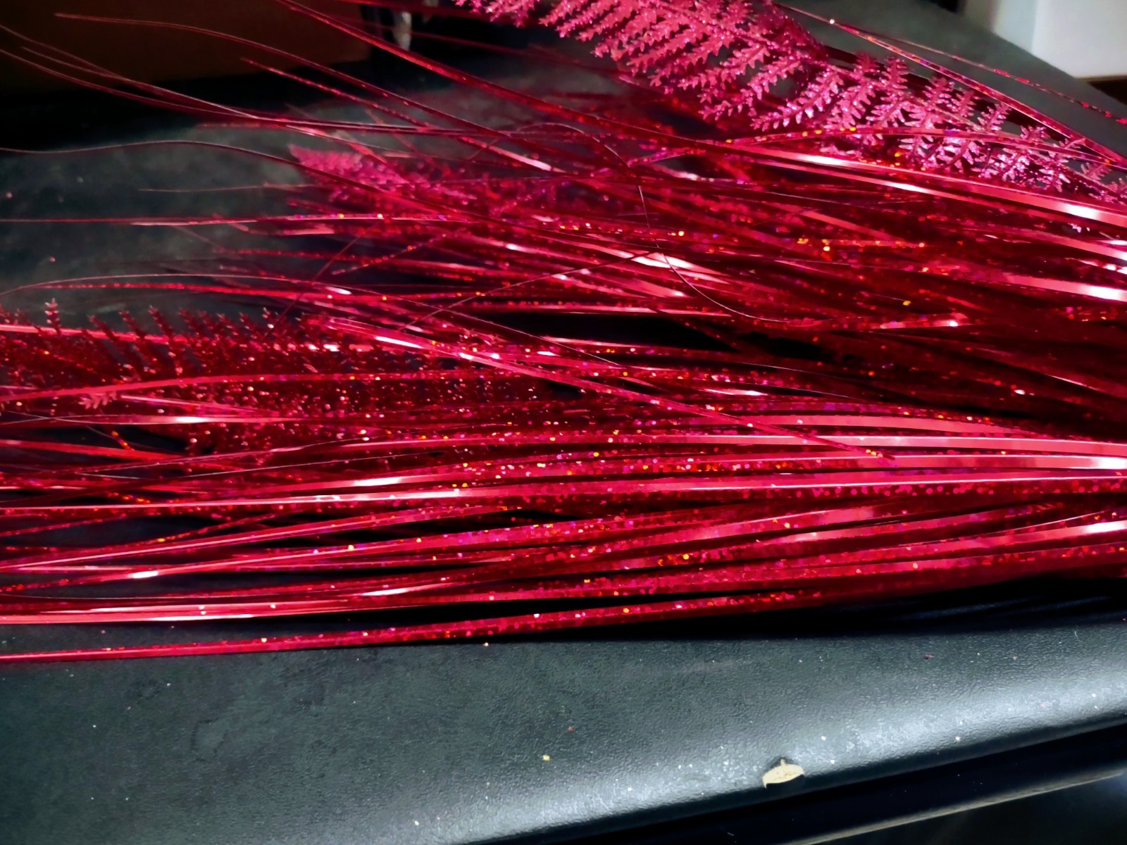 Retro Plastic Dragon Fern, Red, w/200 Stems of Holographic Grass Greenery, 24″