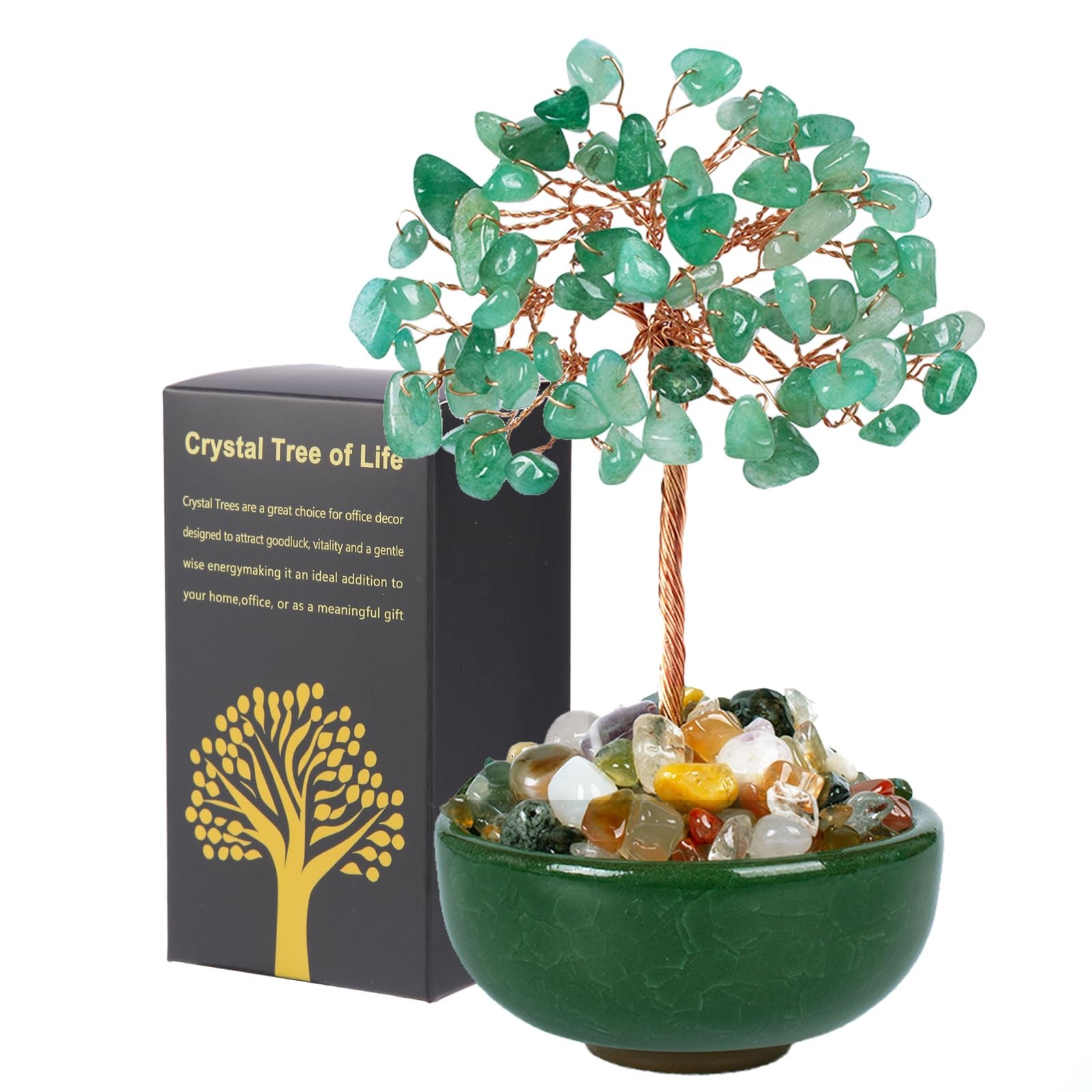 Green Aventurine Crystal Tree of Life with Ceramic Bowl Base, 5 Inch Feng Shu…