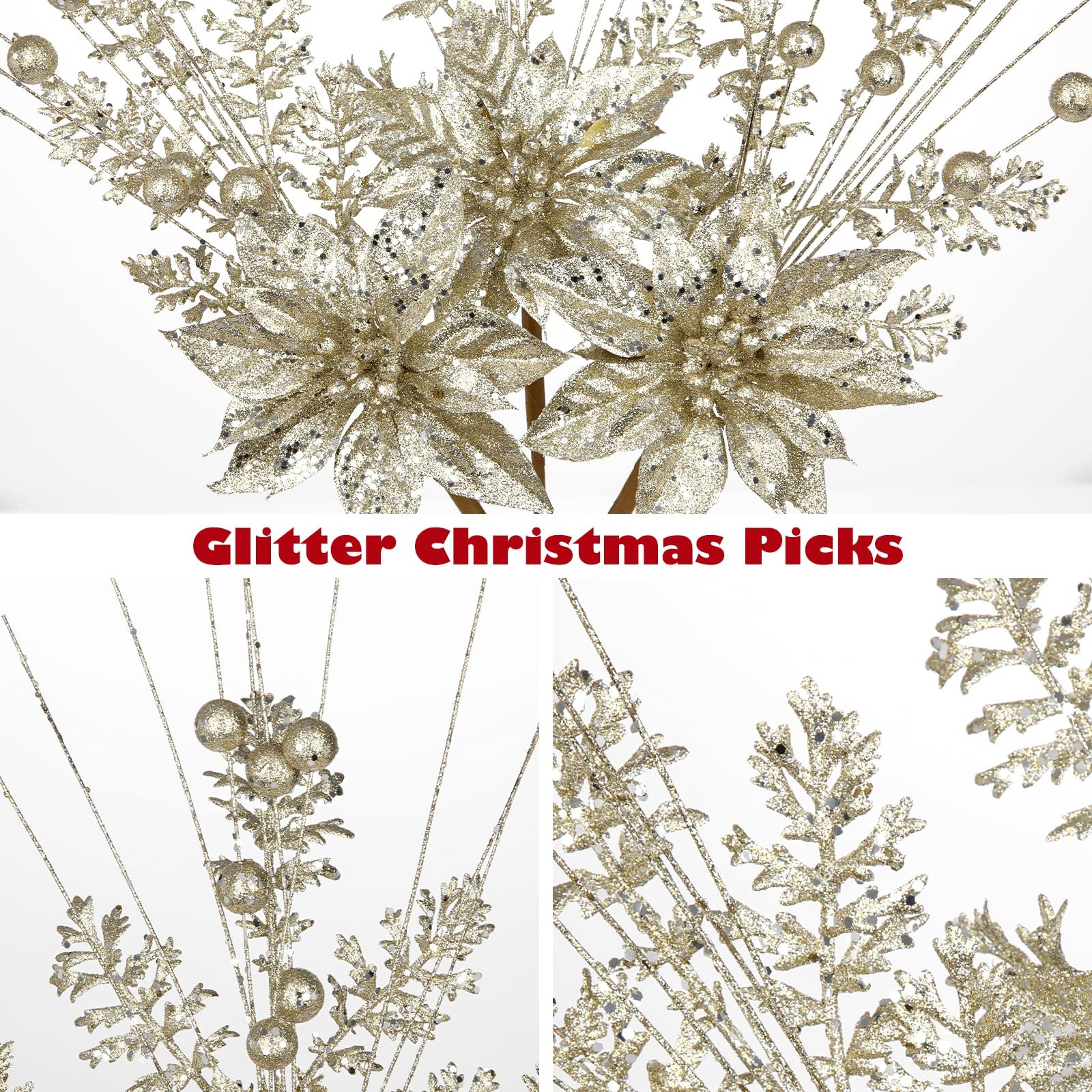 3 Pcs Champagne Artificial Poinsettia Flowers Picks Glitter Christmas Floral …