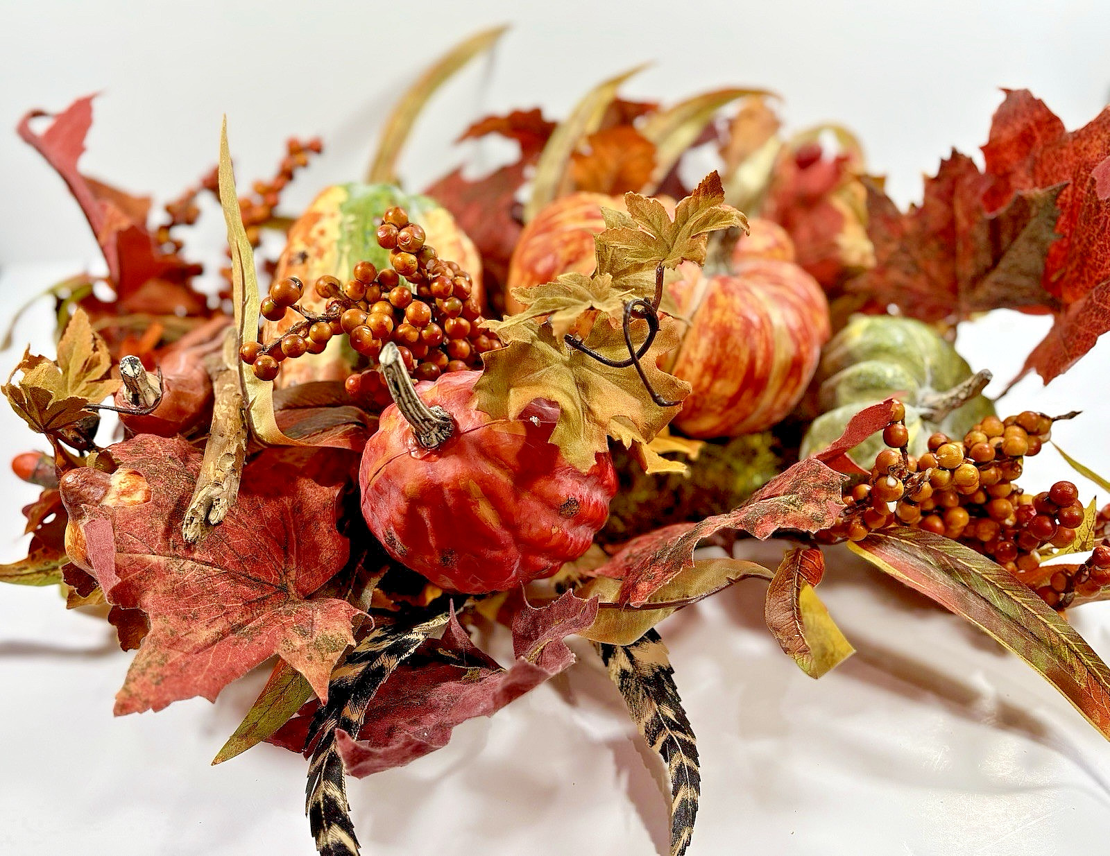 Thanksgiving/Fall Leaves Gourd Centerpiece w/ Twigs Oval Arrangement 19”