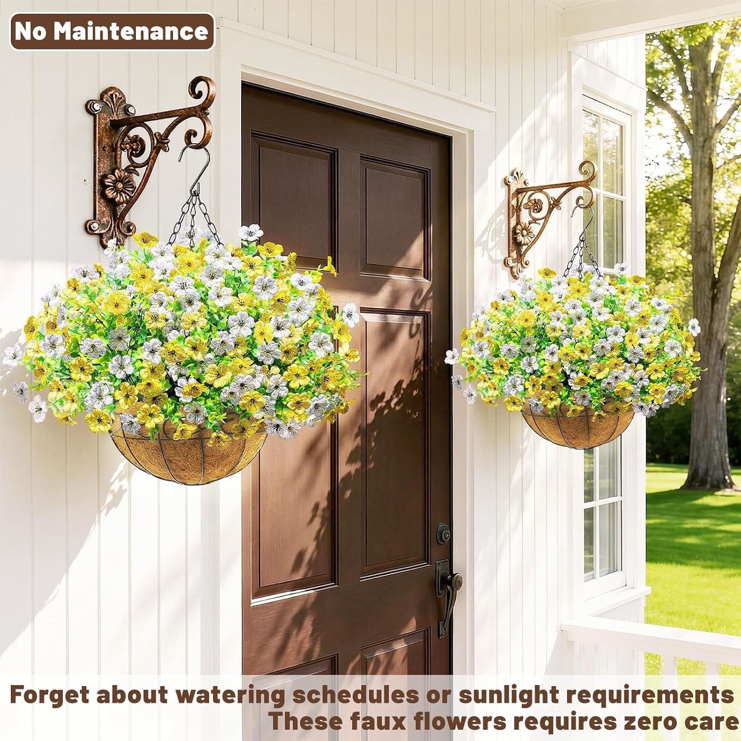 2 Pack UV Resistant Faux Hanging Flower Baskets for Outdoor Decor (Yellow White)