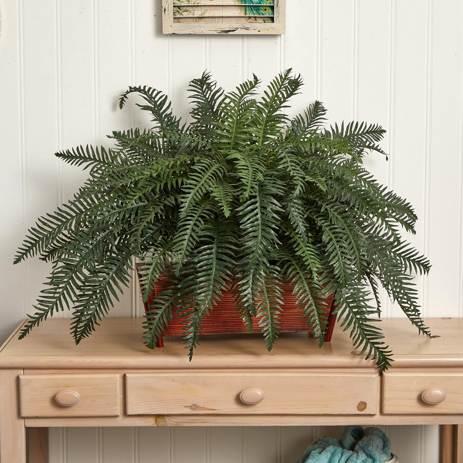 Lifelike River Fern in Rustic Wood Planter – Perfect Home Decor Accent