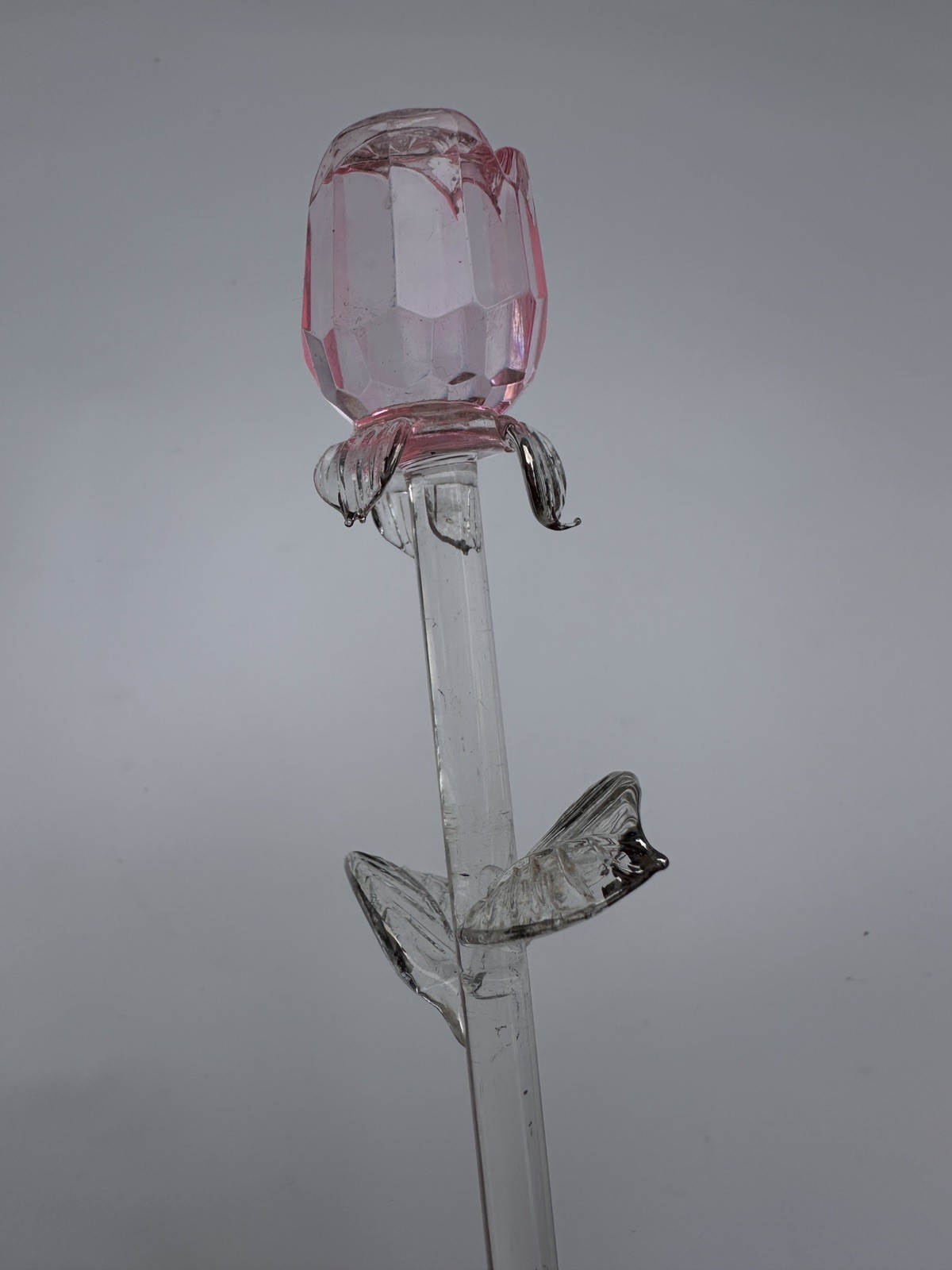 9” Pink Crystal Glass Rose Figurine Closed Bud Long Stem Flower Sculpture