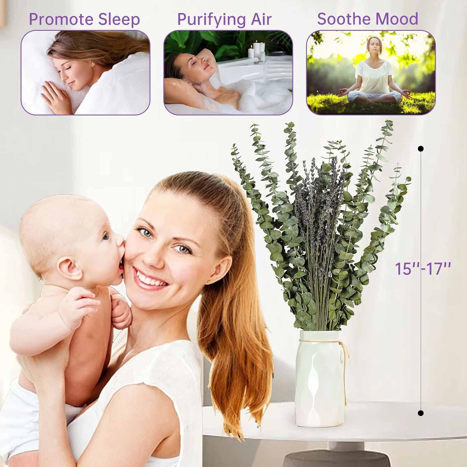 65 PCS Dried Eucalyptus Stems & Lavender Flowers Bundle for Shower, 17” Natural