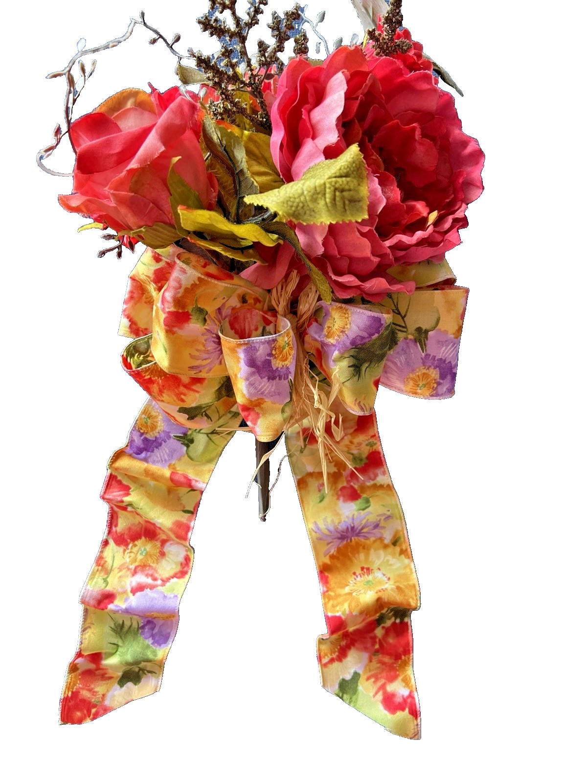SPRING Flower BOUQUET Handmade Bow Coral Red Yellow Purple Peony Rose Zinnia