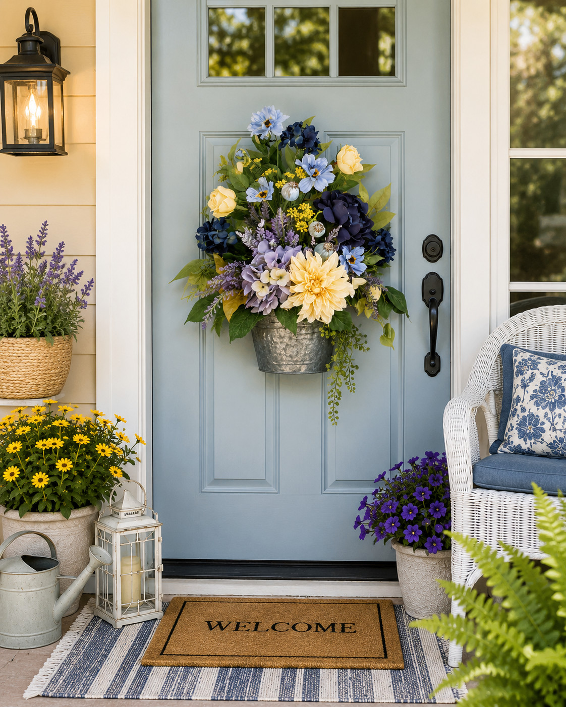 Blue Hydrangea Galvanized Door Basket, Farmhouse Floral Arrangement, Summer