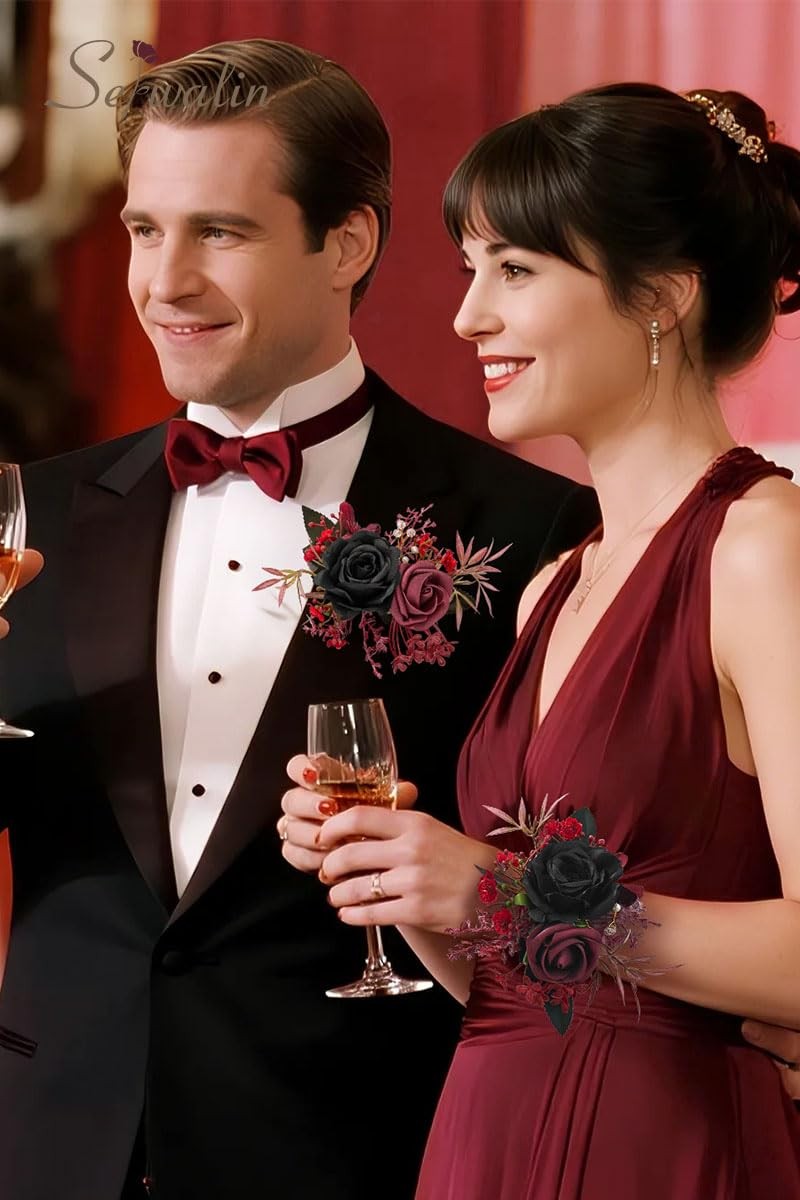 2 PCS Black Burgundy Wrist Corsage Boutonniere Set 67 Inch Wedding Prom Suit
