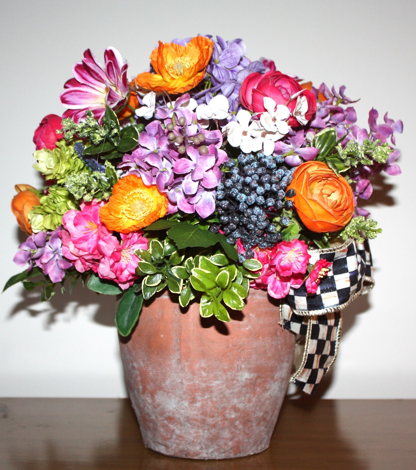 Faux Floral Arrangement In Mossed Terracotta Planter With Mackenzie Childs Bow!