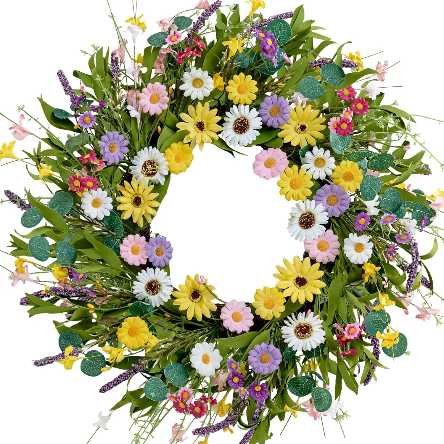 Multicolor Artificial Spring Summer Wreath 22 Inch Yellow Daisy Flowers Greenery