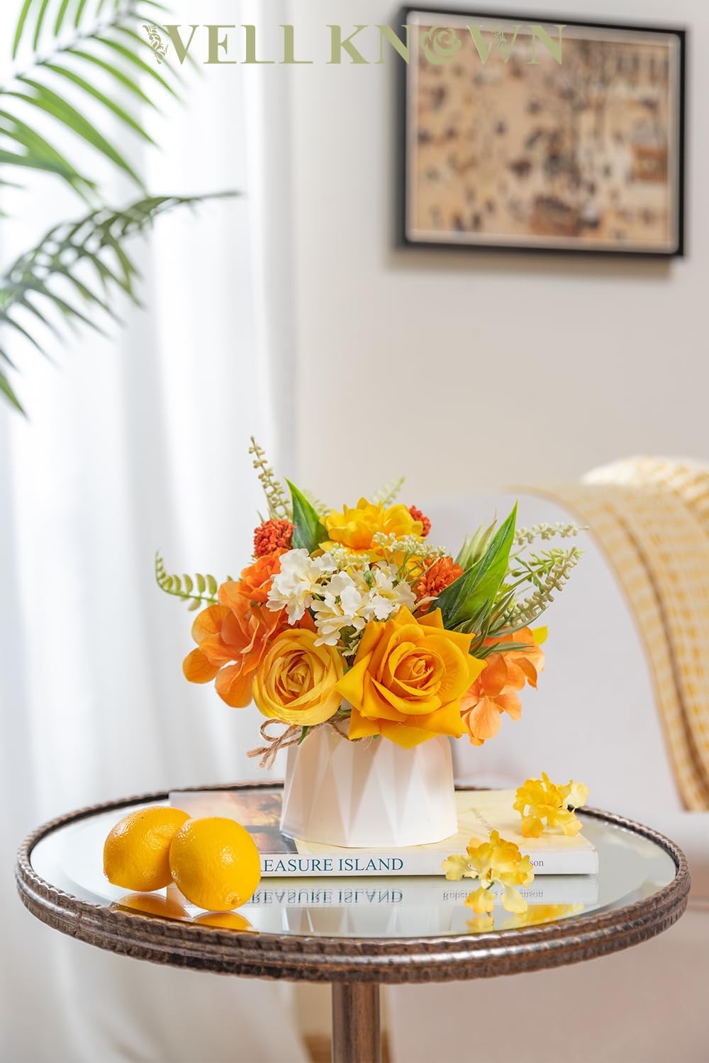 Small 7 Inch Fake Flowers In Plastic Vase Yellow Orange Centerpieces