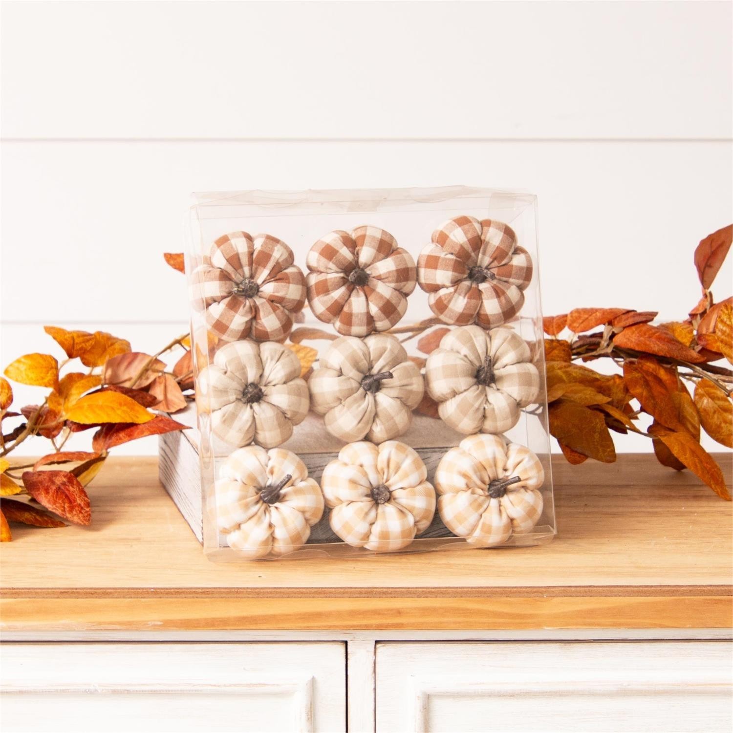 New Primitive Farmhouse SET 9 TAN BROWN CHECK FABRIC PUMPKIN Bowl Fillers 3″