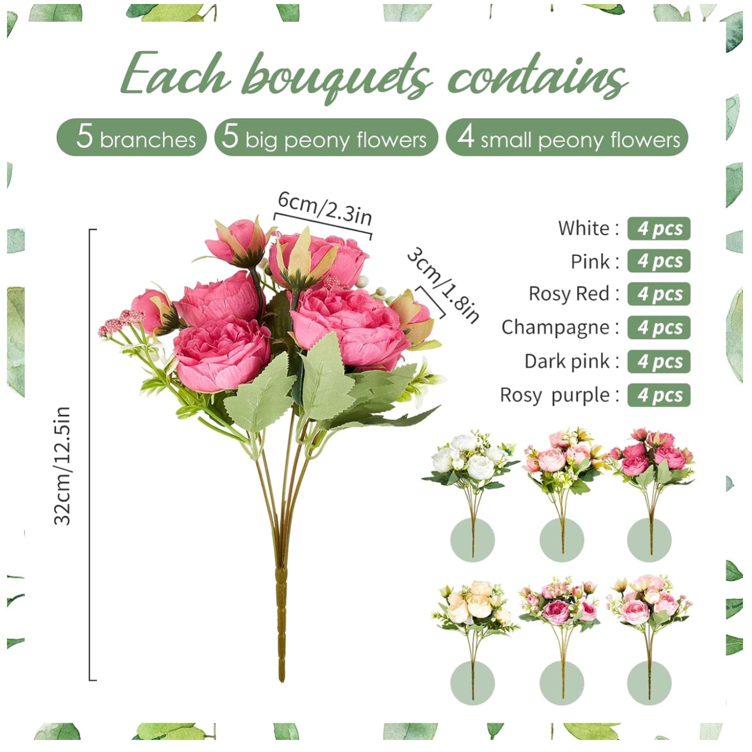 Artificial Peony Flowers, Colorful 24 Bundles | Silk Bouquet