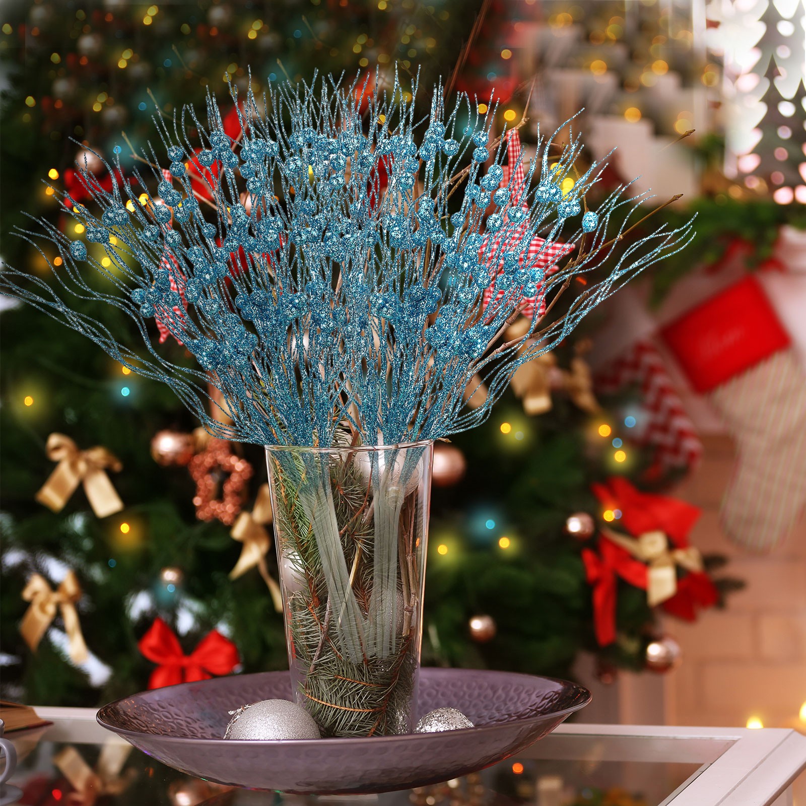 40cm Pink Glittered Berry Stem Festive Display