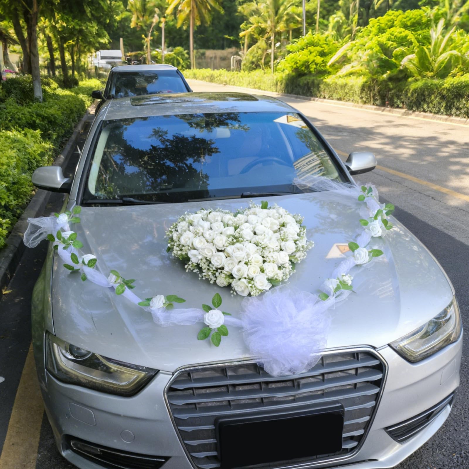Wedding Car Decorations Artificial Flower Ball Bouquet White Yarn Tulle Ribbon