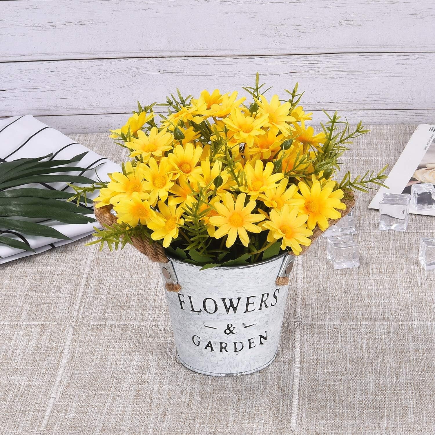 Floral Arrangement Bouquet Yellow Daisy Metal Pot Artificial Flowers Home Decor