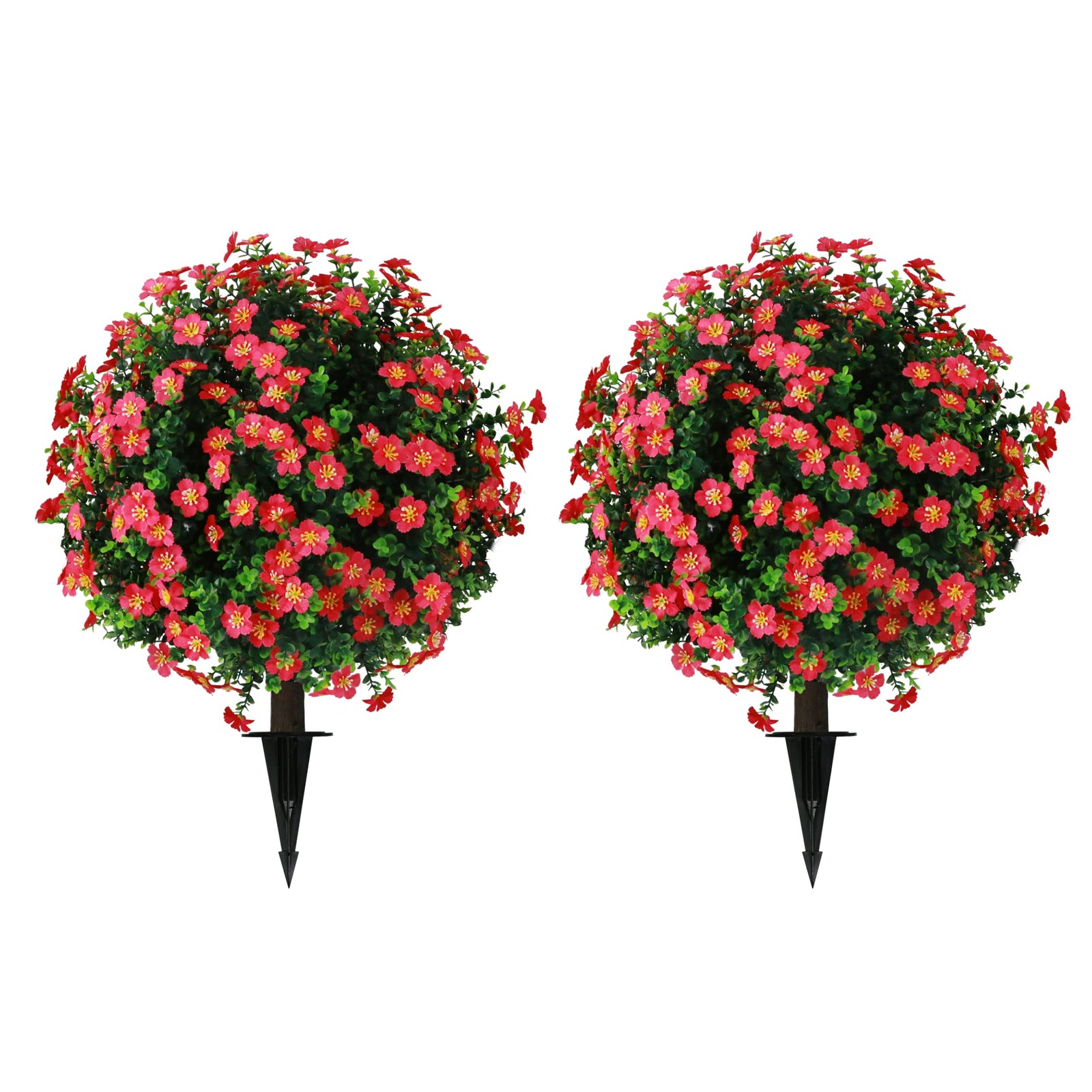 Sunnyglade Set of 2 Artificial Boxwood Topiary Ball Trees with Red Flower, Fa…