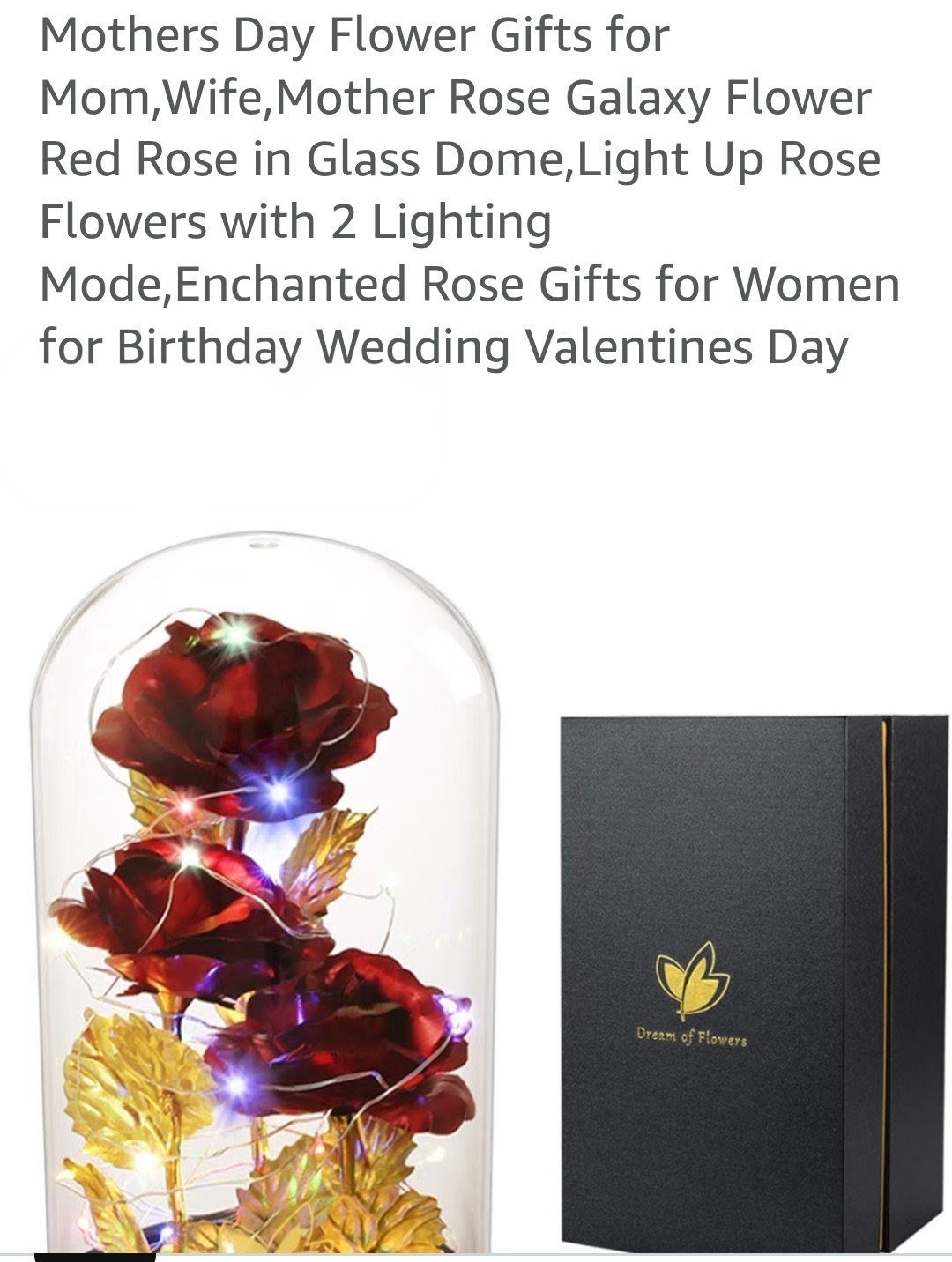 Dream Of Flowers Red Rose Gold Stem/Leaves in Glass Dome, 2 Lighting Modes. #dom