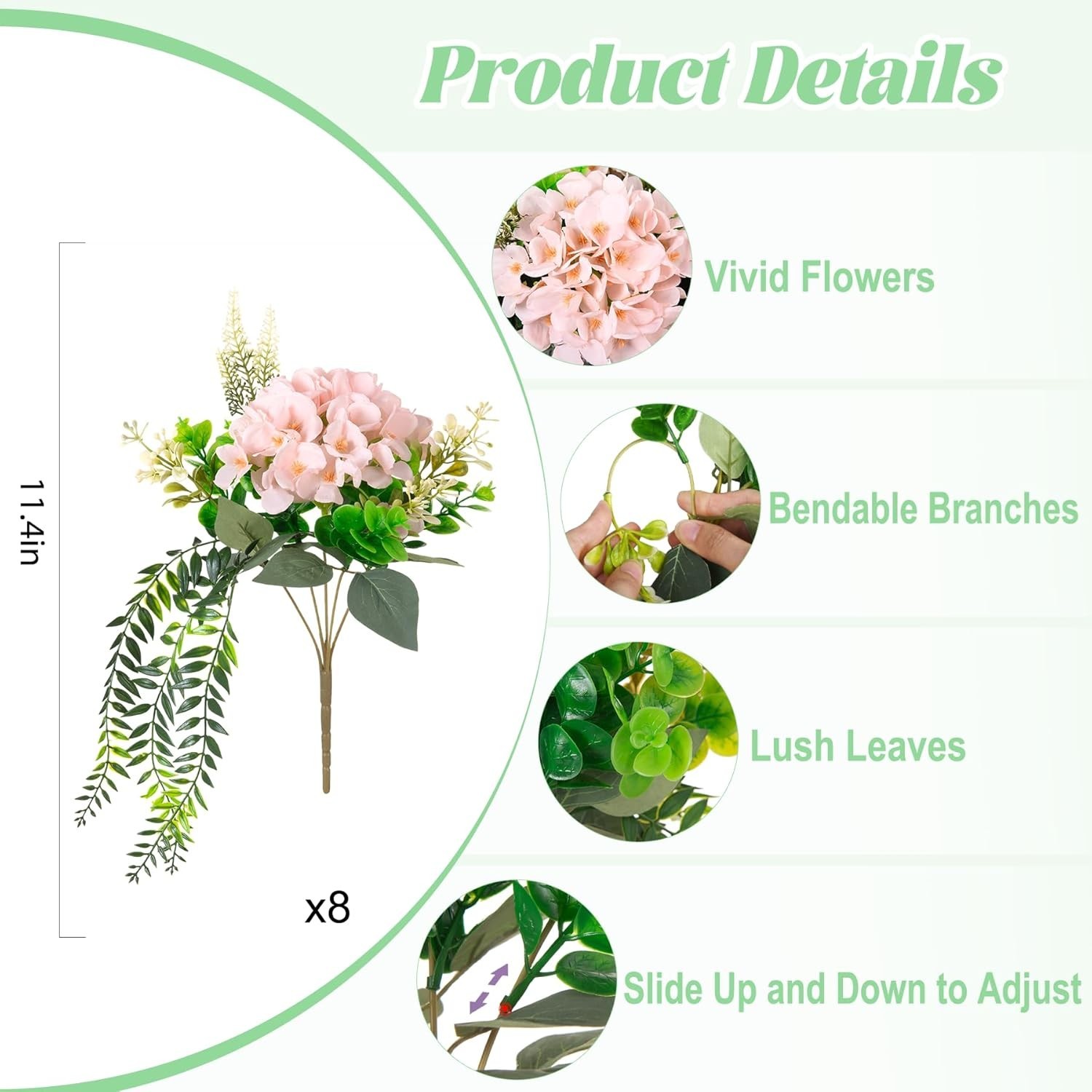 Artificial Hydrangea Flowers Silk Pink Fake Flower with Eucalyptus for Outdoo…