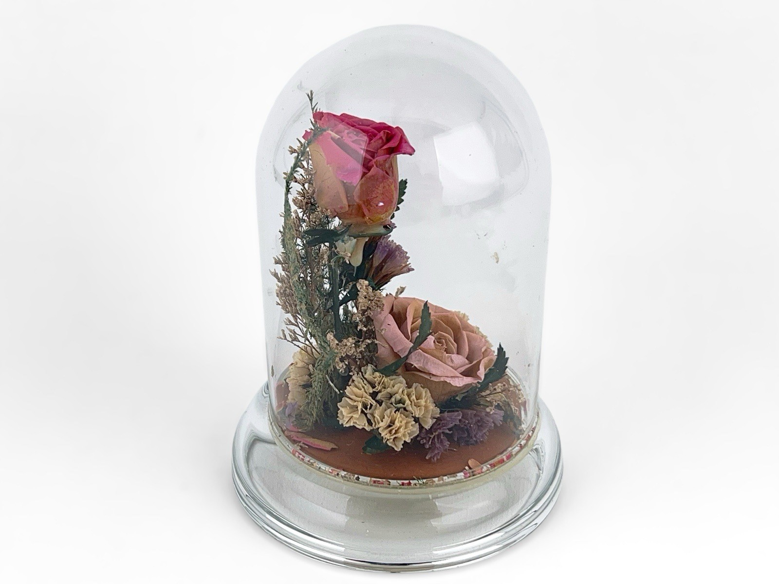 Vintage Dried Pink Rose Flower Arrangement Preserved in 5″ Glass Dome