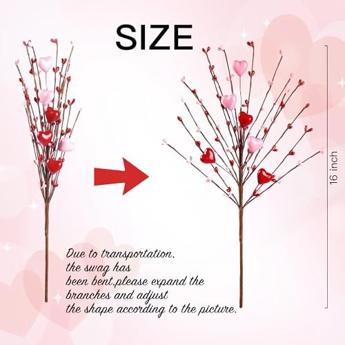 Heart Shaped Berry Picks 6 Pcs Artificial Red Berry Twig Flowers Stem Green