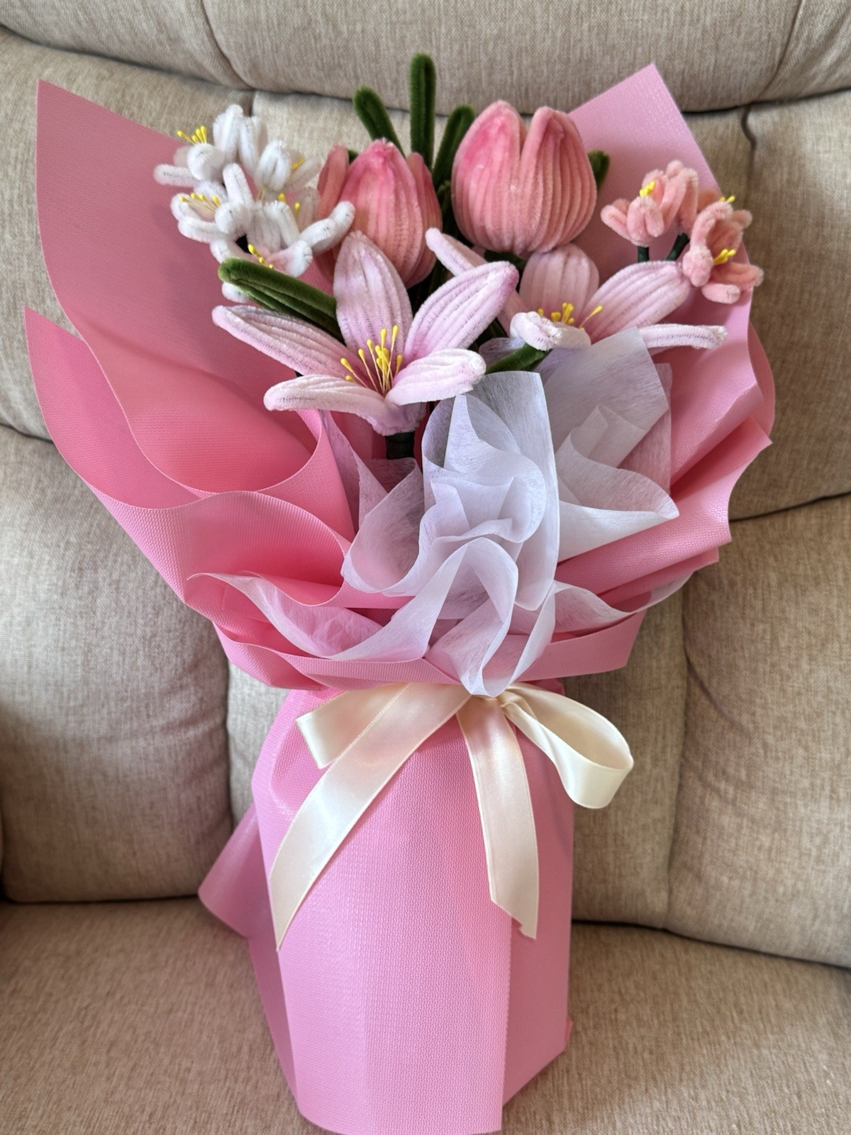 Artificial Pink Lily Tulip Flower Bouquet with Ribbon & Pink Wrapping, Fabric