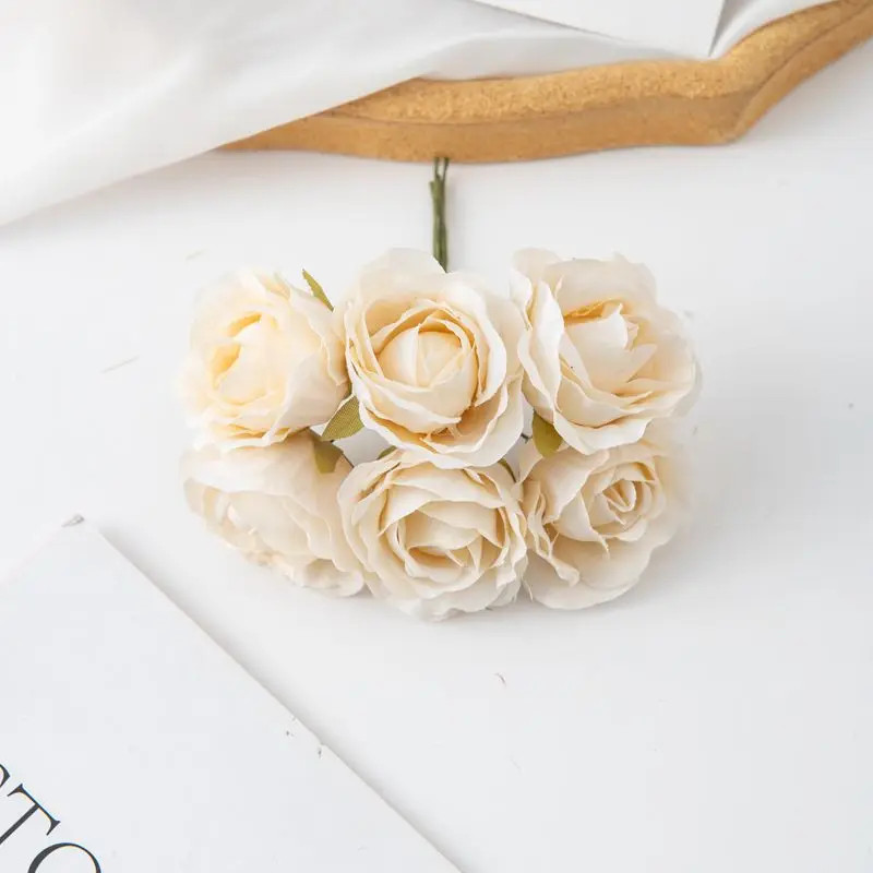 6Pcs Artificial Silk Tea Rose Mini Bouquet for Wedding Christmas Diy Home Decor