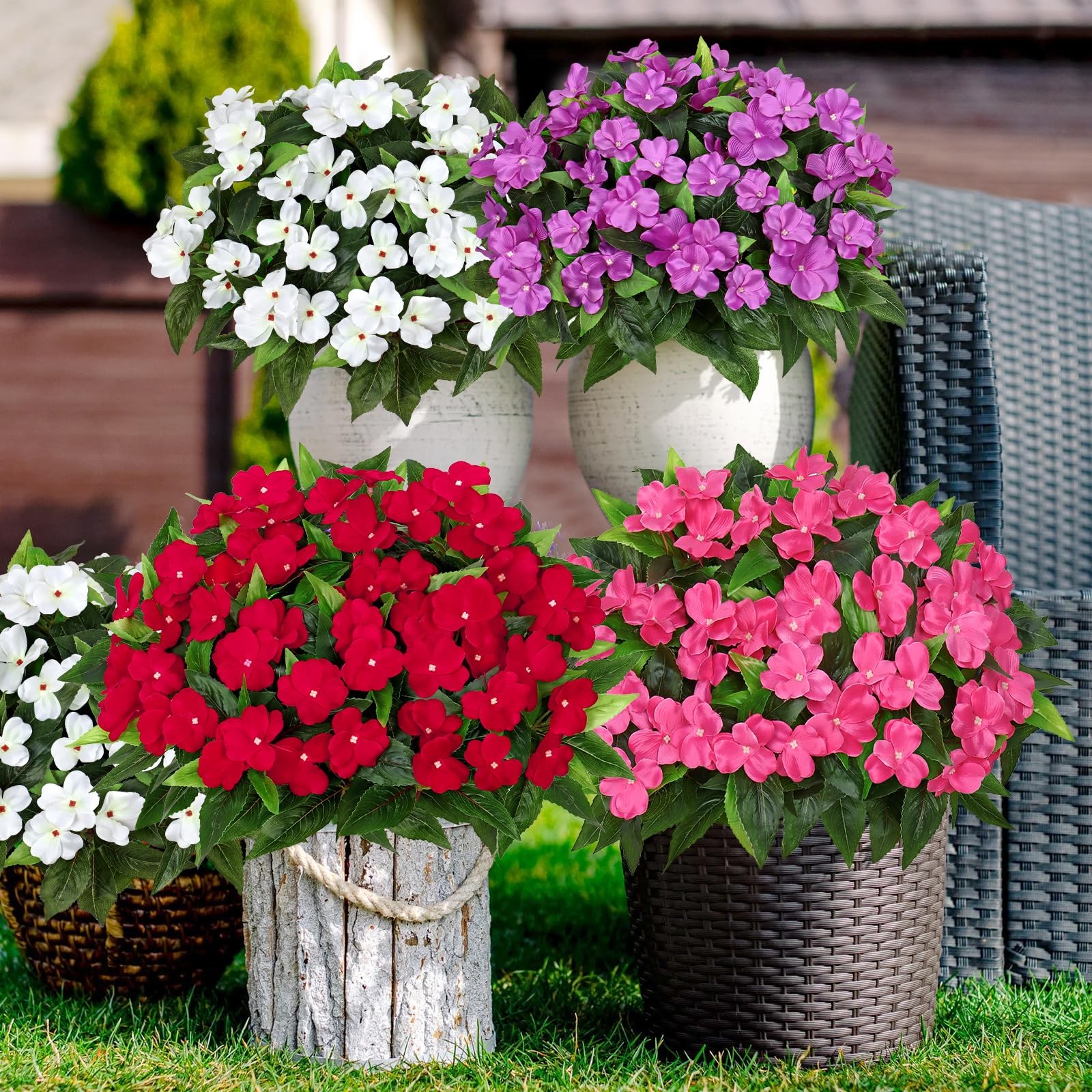 KHOYIME Artificial Flowers for Outdoors 3PCS Red Fake Impatiens Flower Bouque…