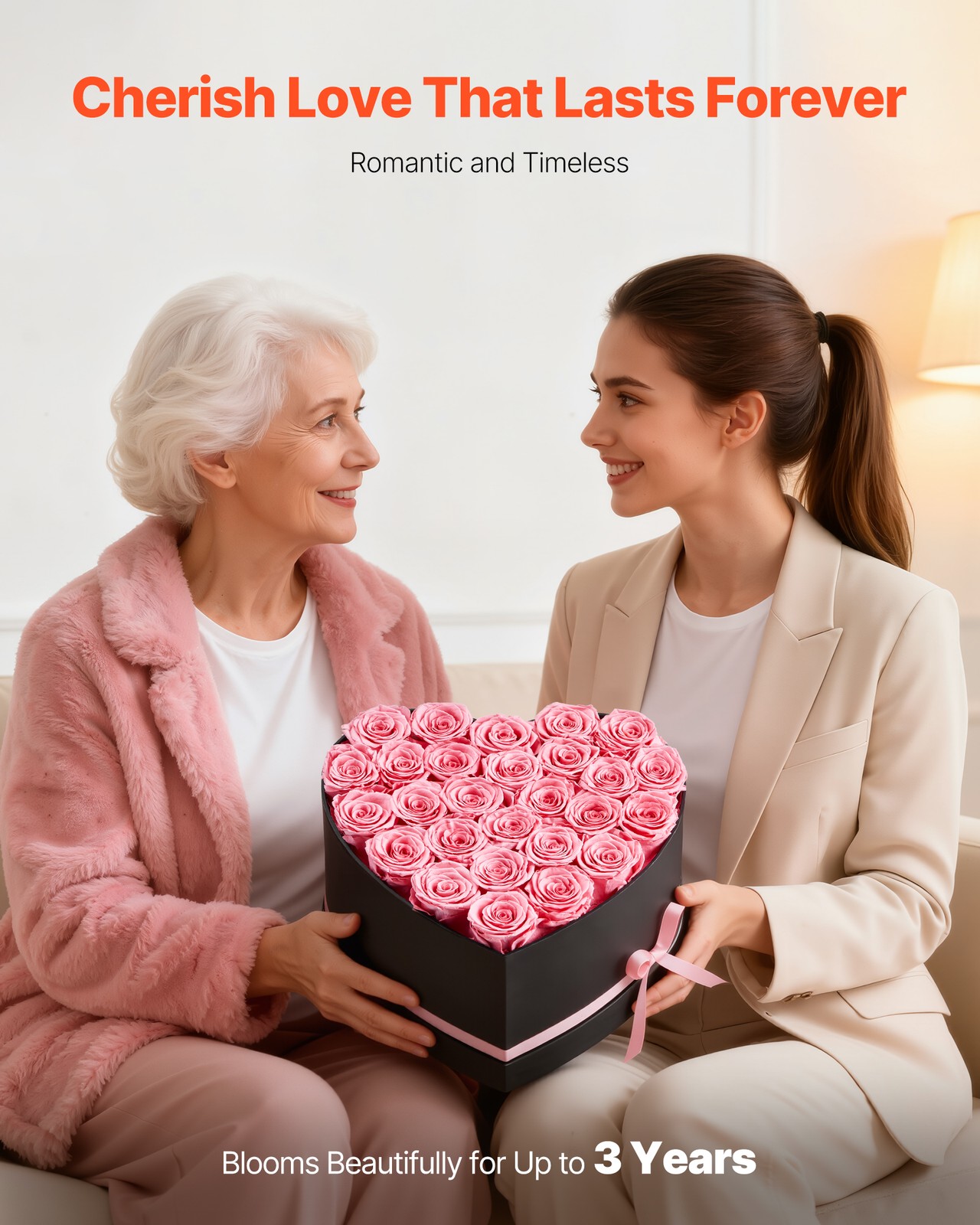 VEVOR Forever Flowers 27 Preserved Roses Heart Box Eternal Bouquet Pink
