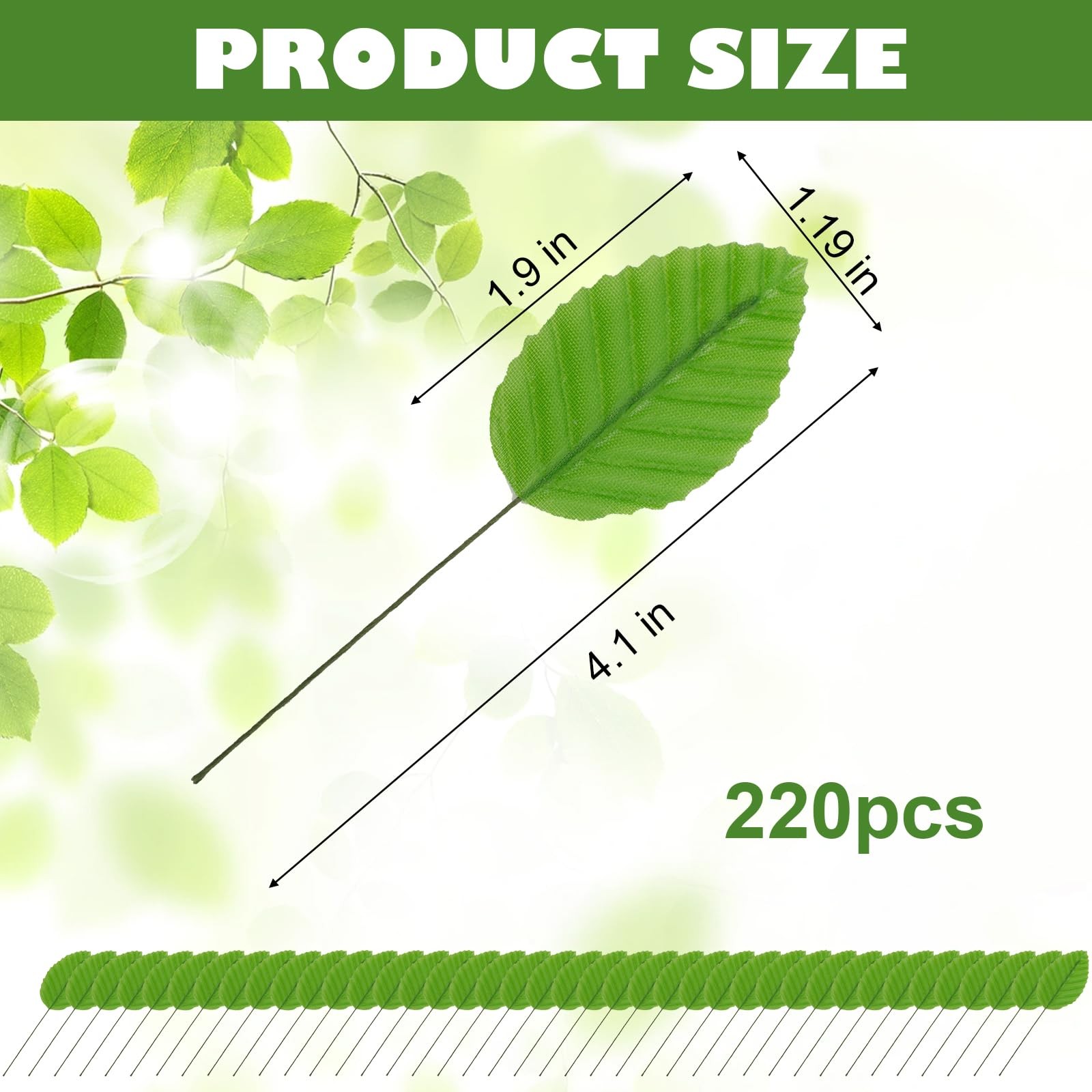 220Pcs Green Faux Wired Leaves – Artificial Silk Leaves for Crafts, DIY Bouqu…