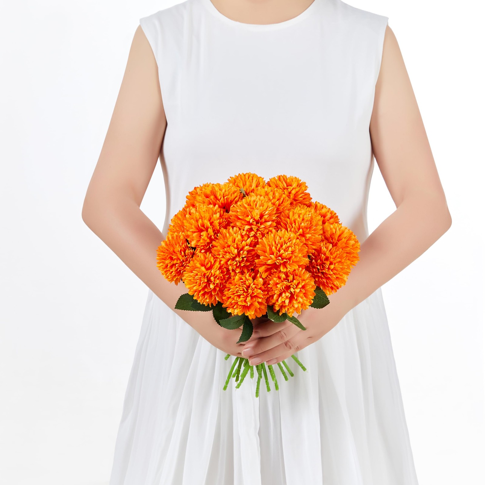 12 Pcs Orange Artificial Chrysanthemums Flowers Ball Fake Mums Silk Decor