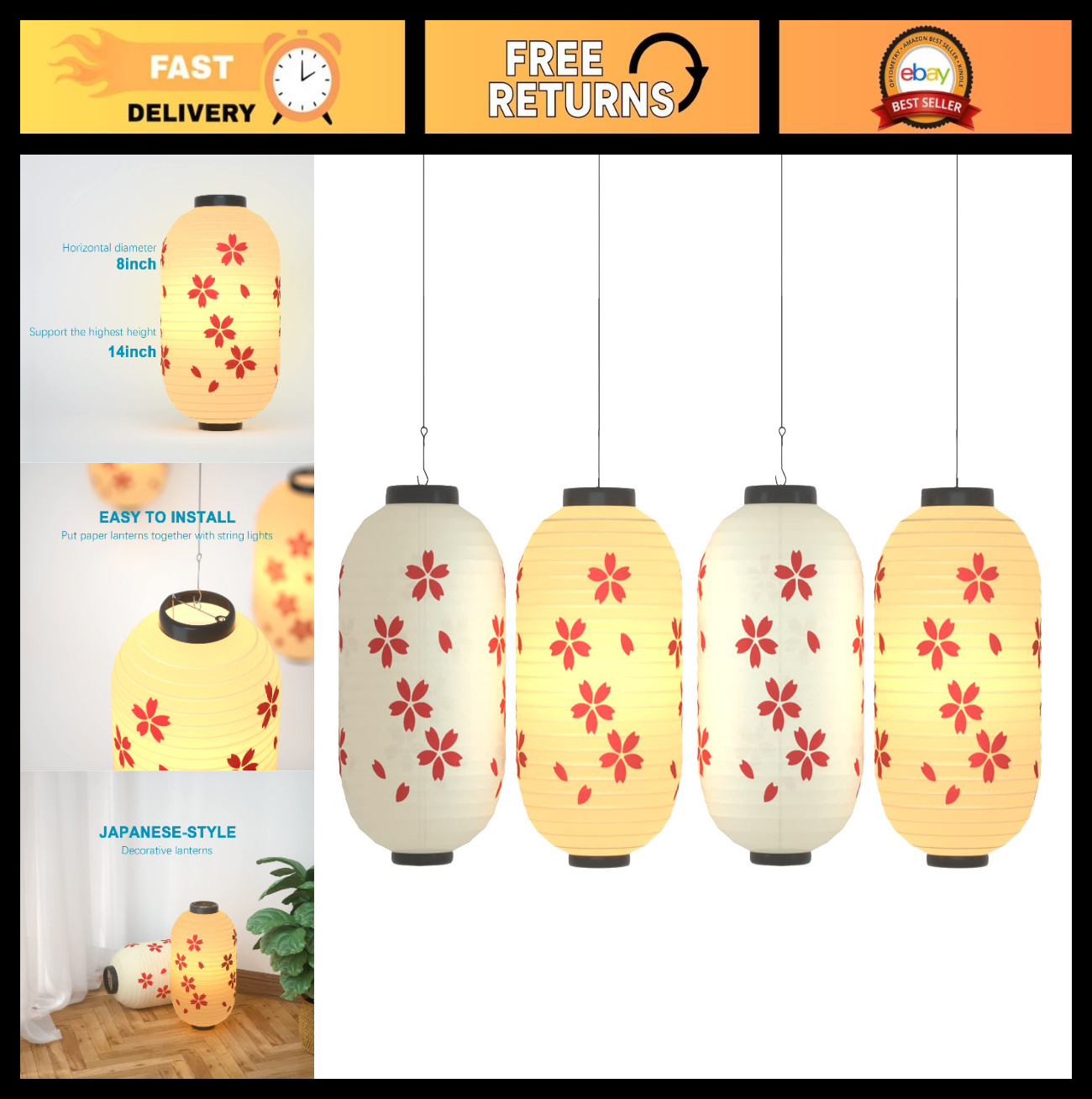 Set of 4 Waterproof Japanese Style Silk Cherry Blossom Lanterns 8×14 Inch – Indo